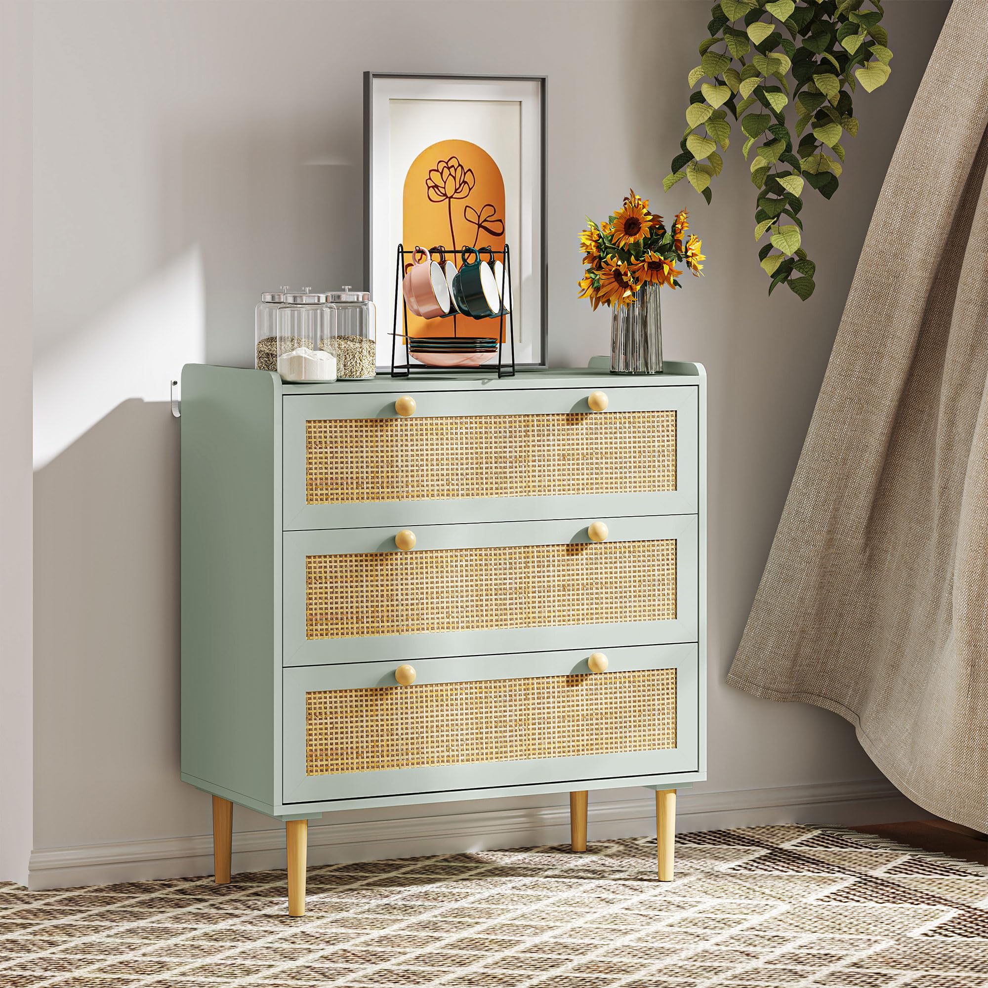 HOMCOM Commode 3 Tiroirs Rangement Bohème 80 x 40 x 87,5 cm Vert Olive | Commode Chambre, Meuble de Rangement, Effet Rotin Naturel, Cadre en Bois, pour Chambre à Coucher, Salon, Entrée