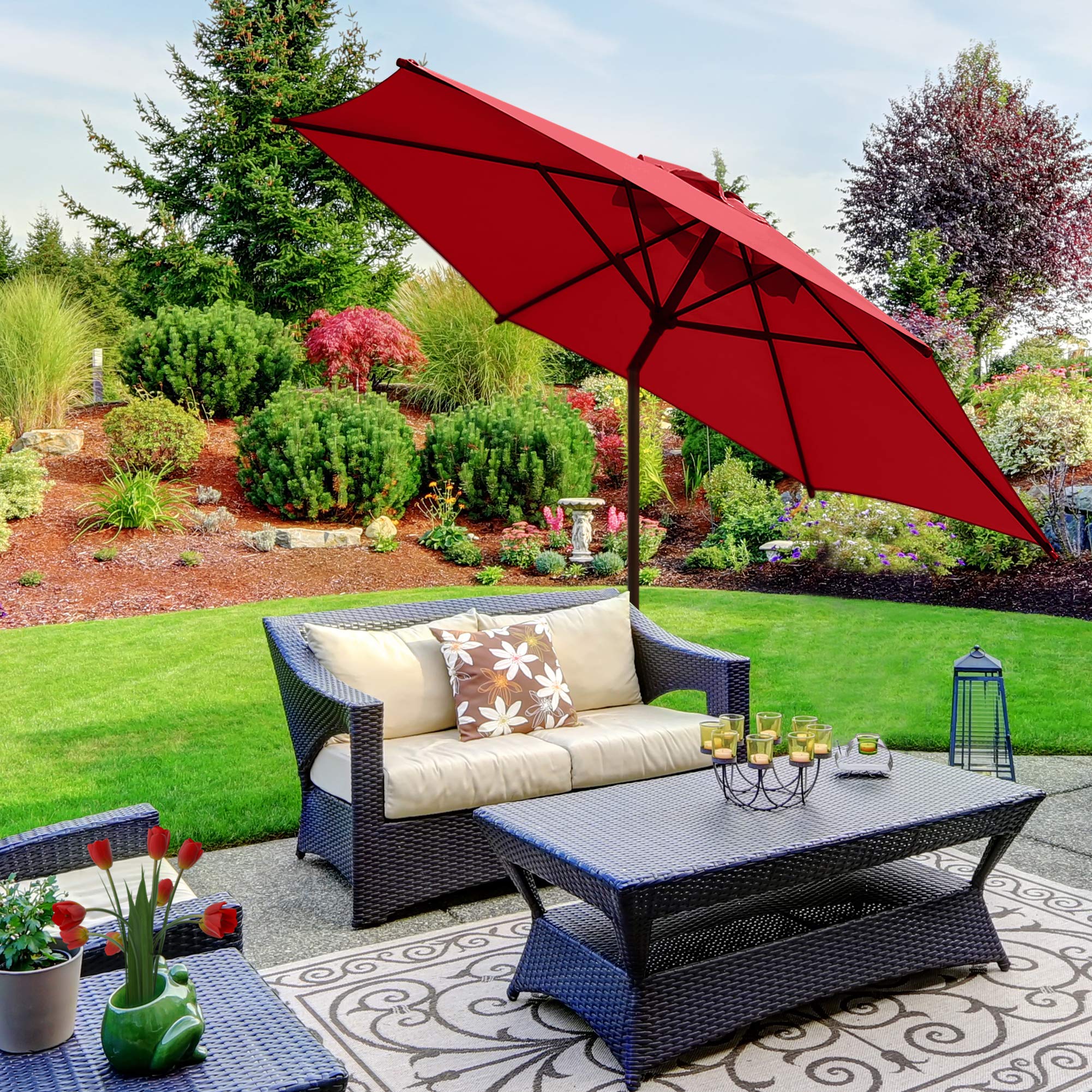 Amazon Com Abba Patio 9ft Patio Umbrella Outdoor Umbrella Patio Market Table Umbrella With Push Button Tilt And Crank For Garden Lawn Deck Backyard Pool Red Garden Outdoor