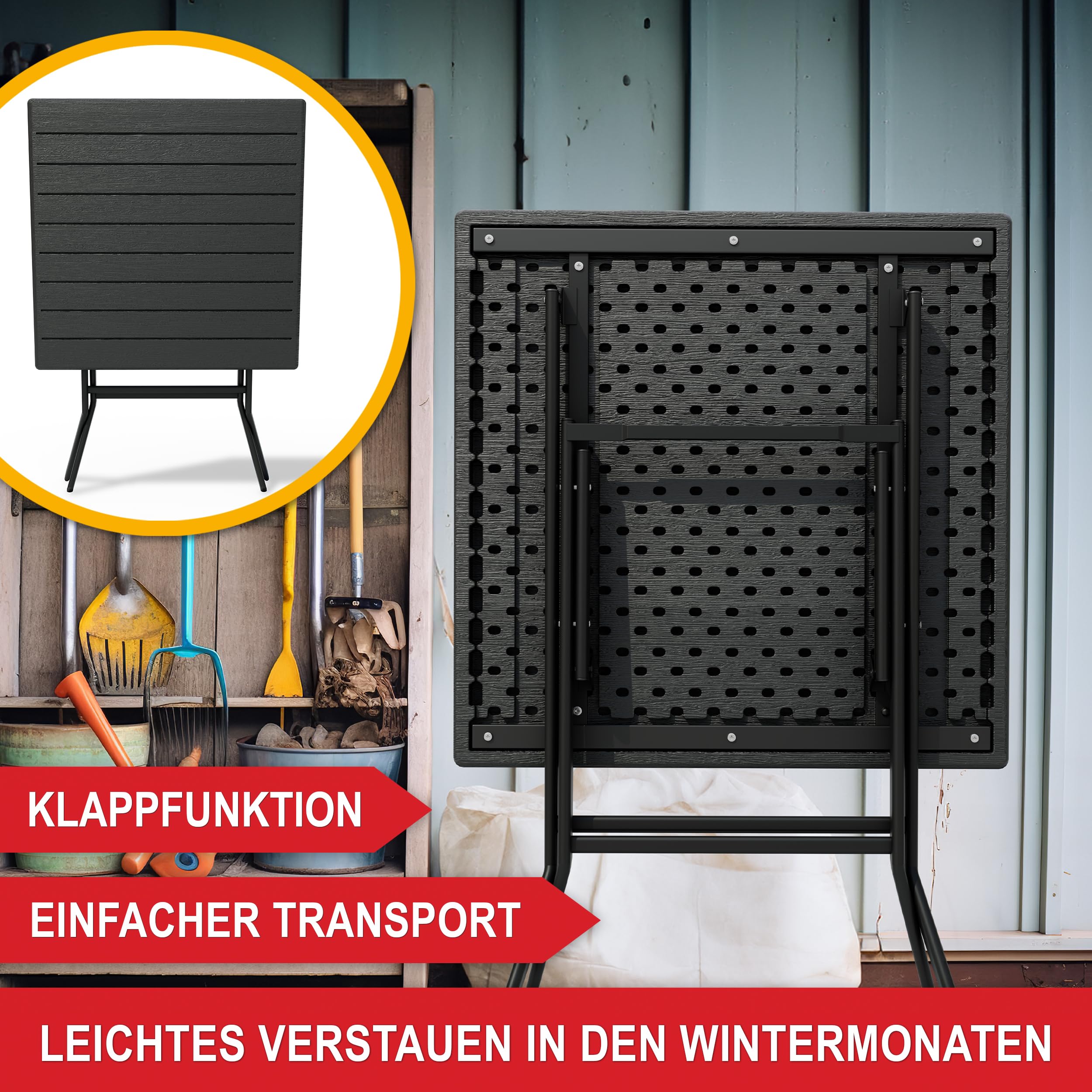Onbest Balkontisch mit Holz Optik – klappbar – Campingtisch aus robustem Kunststoff – 80 kg Belastbarkeit – für Balkon, Garten & Terrasse – wetterfest – eckig – 56x61 cm