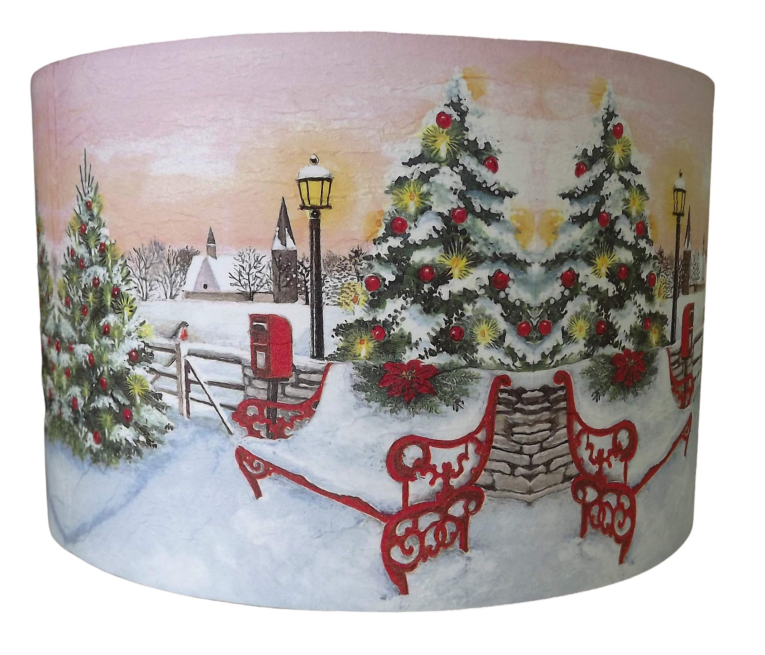 Christmas Lampshade,Snowy Bench,Vintage Snow Scene,light shade, shabby chic, holly berries,
