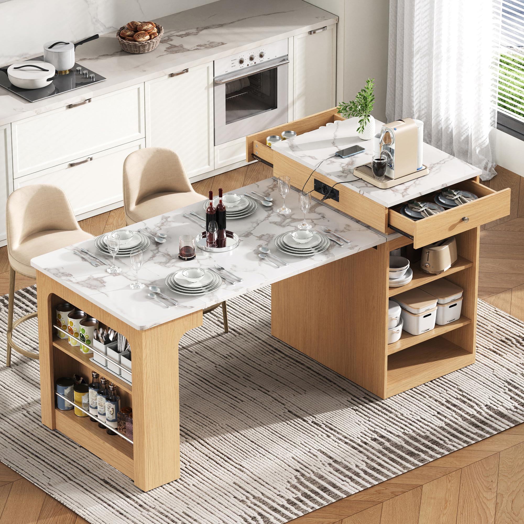 Wyspa kuchenna na kółkach 80 x 71 – 151 x 92 cm, wysuwany stół do jadalni ze zdejmowanymi płytami, składany stół barowy dla rodzin, zajmujący niewiele miejsca kredens do nowoczesnej jadalni