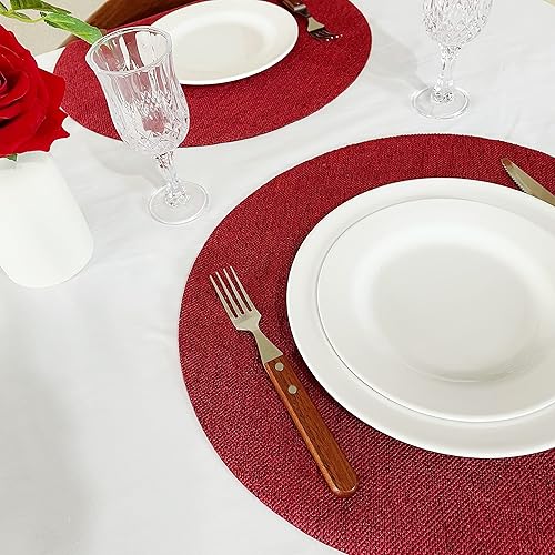 Miniatura 3 de Juego de 4 manteles individuales redondos de lino rojo para mesa de comedor, 15 pulgadas, lavables, color rojo