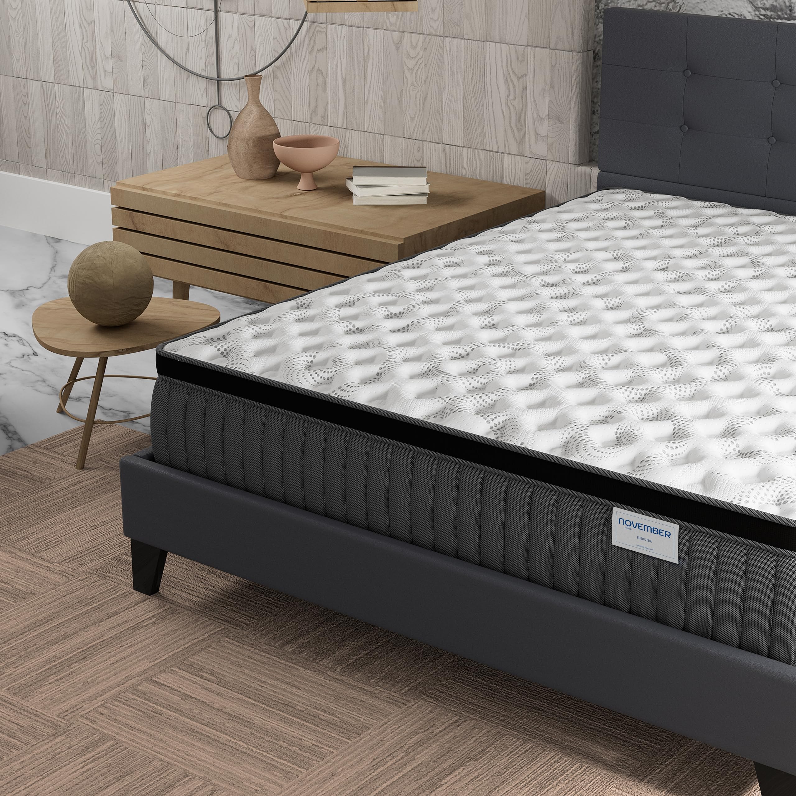 NOVEMBER- Ensemble Matelas + LIT (140x200cm)- Matelas Elekctra Ressorts ensachés & mémoire de Forme Épaisseur 30cm + Sommier Bois Stable & Robuste revêtement synthétique Gris
