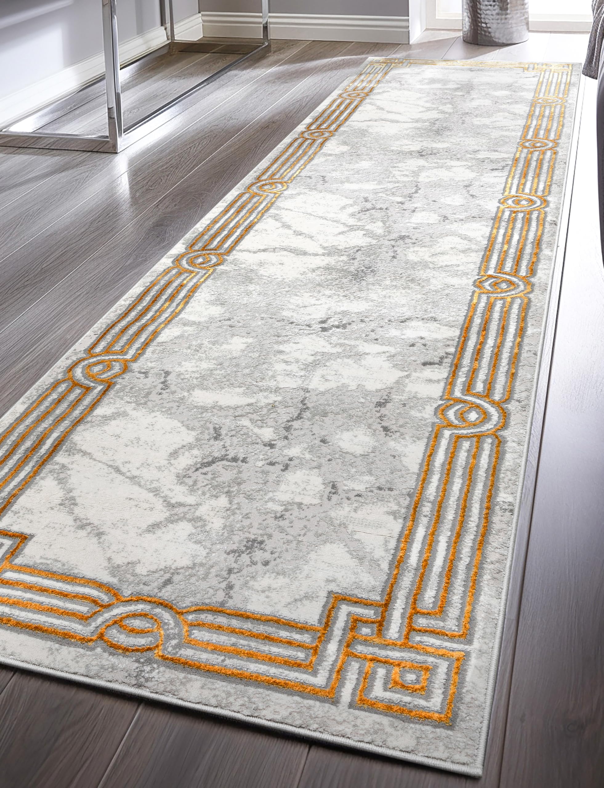 Well Woven Fairmont Collection Huntington Grey Gold & Ivory Marble Border Elegant & Soft 3x10 Runner Rug Perfect for Hallway & Bedroom Durable Stain
