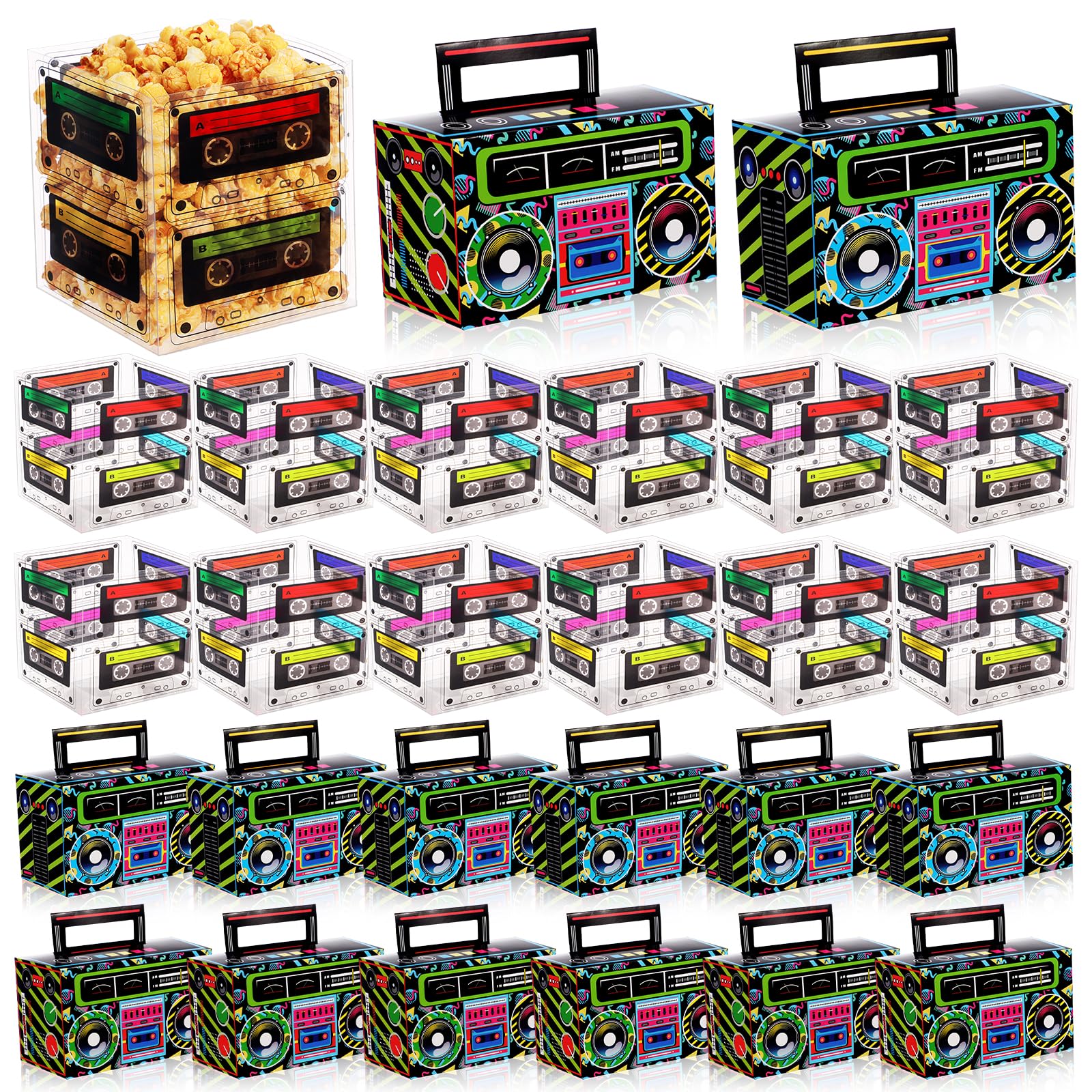 Jenaai 12 Pcs 80s 90s Cassette Tape Bucket Centerpiece with 12 Pcs Boom Boxes 80s 90s Theme Party Decoration Retro Radio Cassette Tape Table Decor for Hip Hop Music Birthday Party
