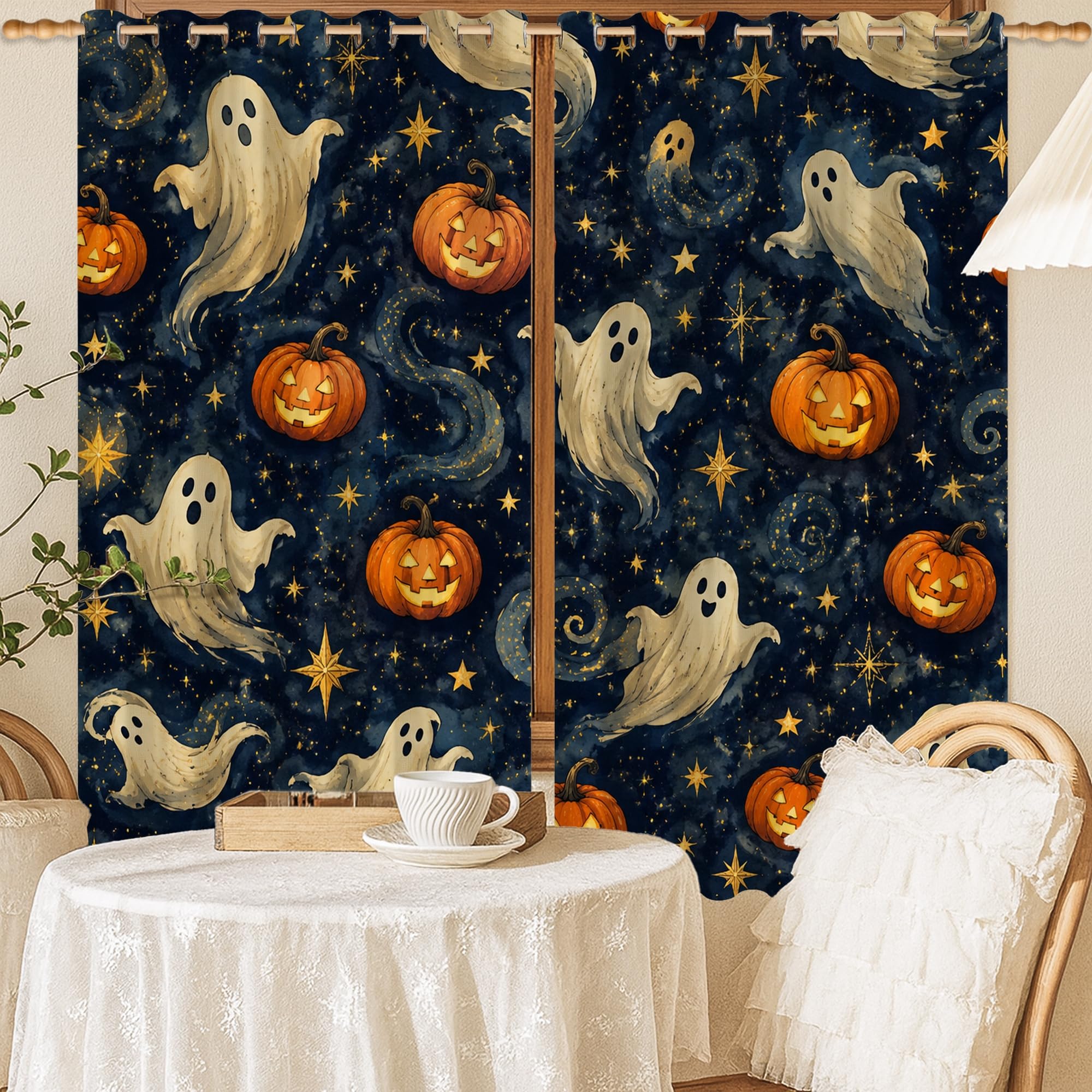 Rideaux occultants féeriques Halloween citrouilles et étoiles