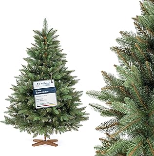 FAIRYTREES Sapin de Noël Artificiel, Nordmann Premium 150 cm, Éléments naturels moulés par Injection, Fabriqué en UE, Arbre de Noël avec Support en Bois de frêne Fait à la Main