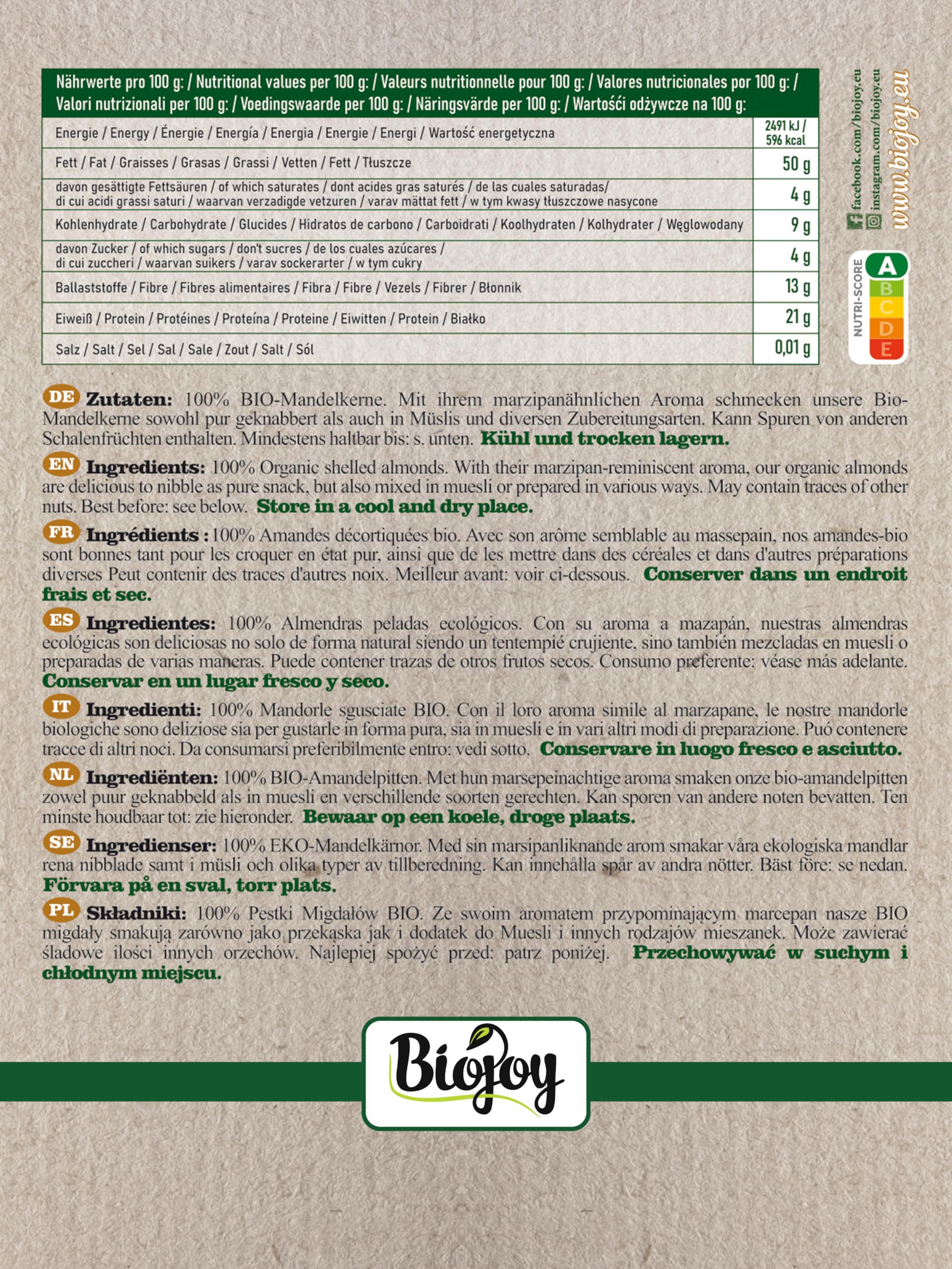 Biojoy Amandes décortiquées BIO (1 kg), entières et non salées