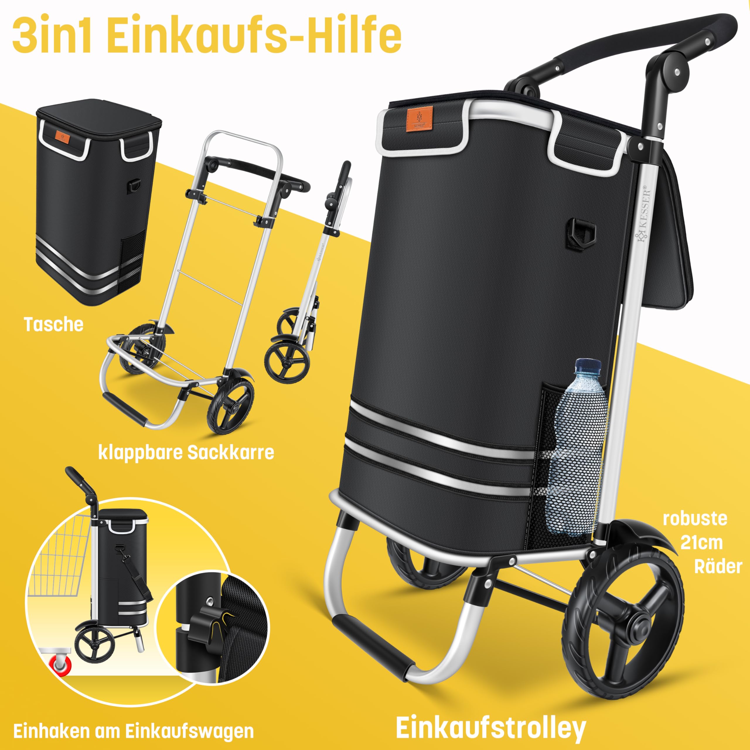 KESSER® Einkaufstrolley klappbar mit 56L Kapazität und belastbar bis 50kg | 3in1 Trolley Sackkarre & Umhängetasche | Faltbarer Einkaufswagen inkl. Kühlfach & Einkaufschip | Treppensteiger Schwarz
