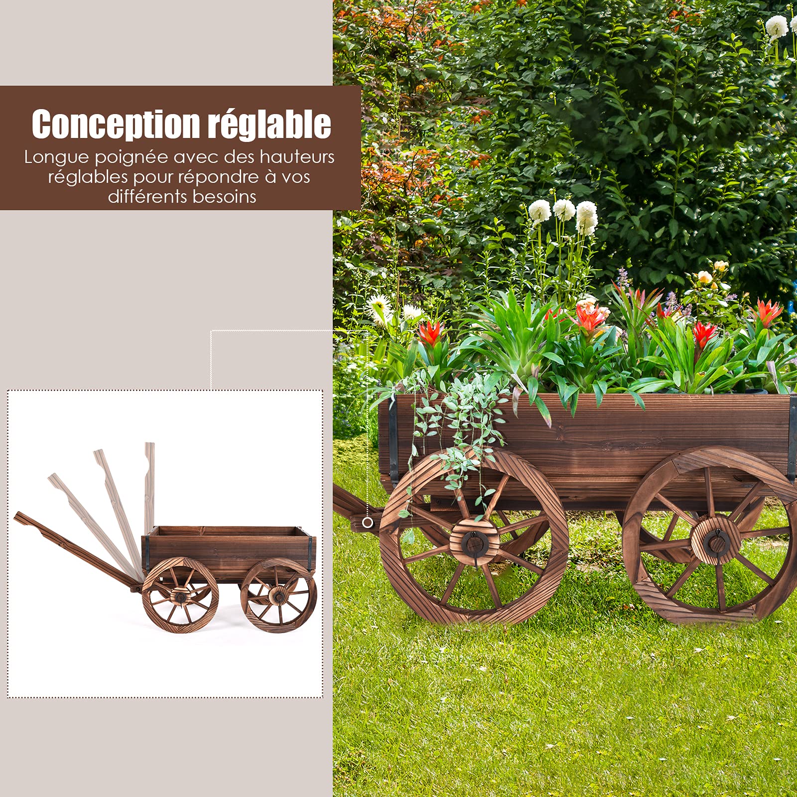 GOPLUS Brouette à Fleurs en Sapin Carbonisé avec Poignée Réglable et 4 Roues,Chariot à Fleurs avec Trou de Drainage, Idéal pour Patio, Jardin, Terrasse, 120 x 43 x 53,5 CM, Marron
