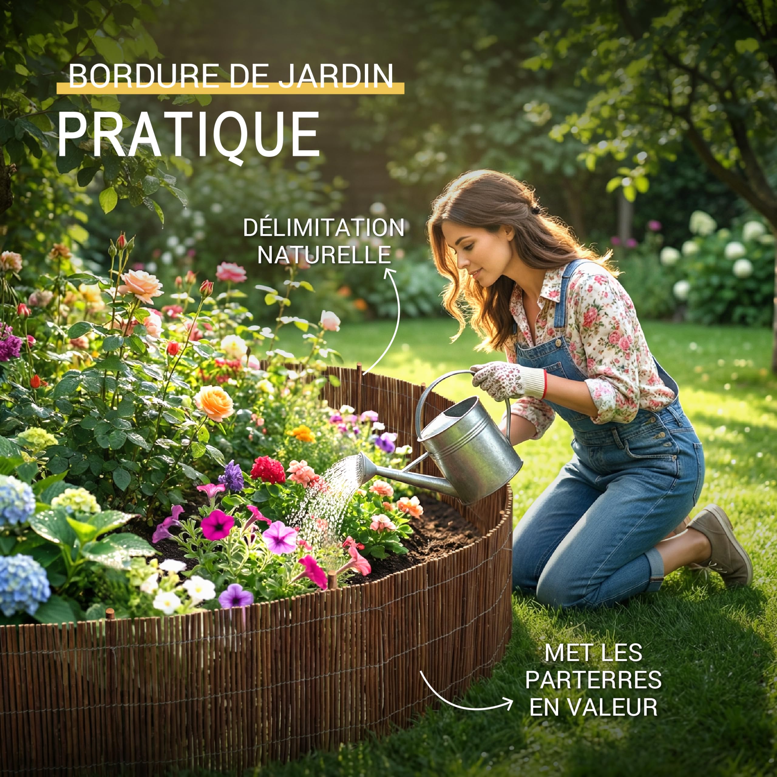 Sol Royal Bordure Jardin Exterieur 30x300 cm – Palissade Cloture Bordure Jardin Exterieur Bois Flexible avec 7 Piquets & 14 Serre-câbles – WB79