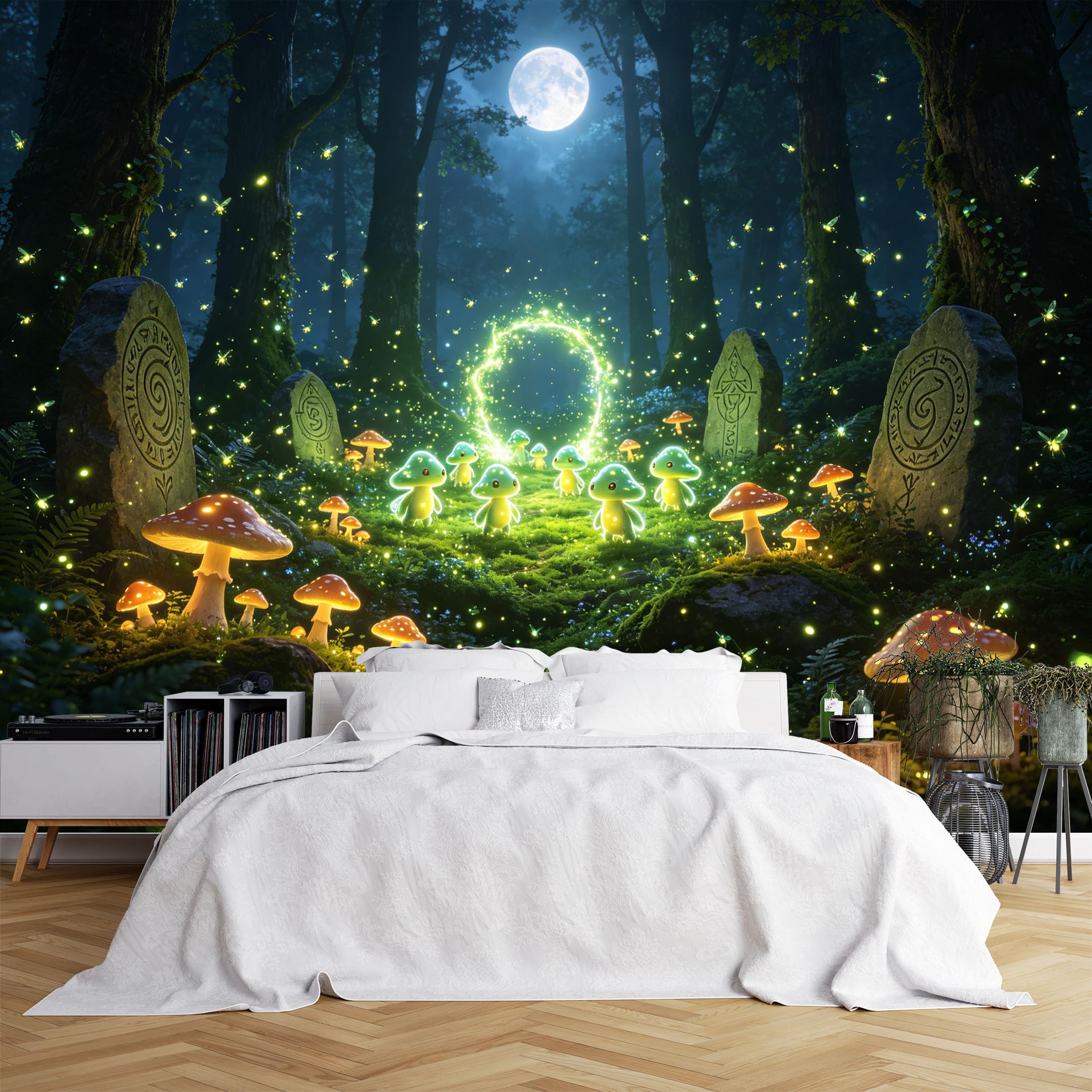 Lcythiazole Ch260615217 Custom Size Wall Murals Glowing Mushroom Elf Magic Moon Forest Vivid Self-Adhesive Wall Fabric (No Pvc) Removable Wallpaper For Kids Bedroom