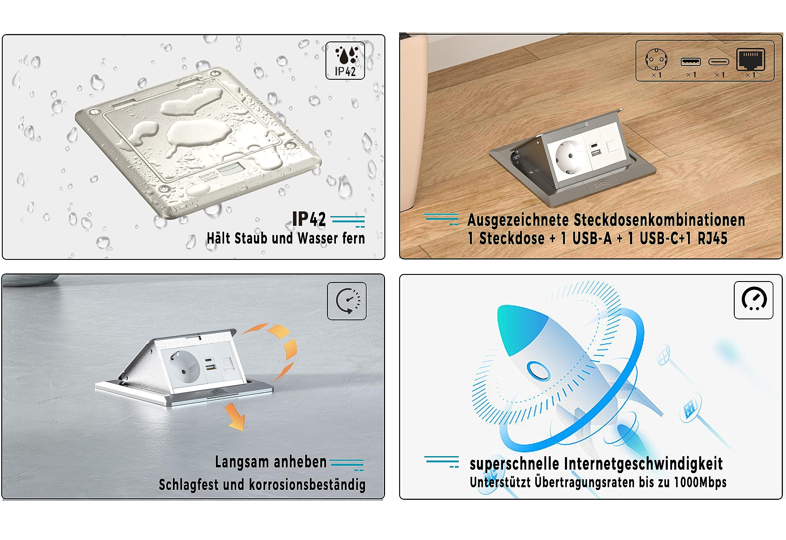 Bodeneinbausteckdose ELBE Inno, 1 Einbaustecker, 1 USB-A, 1 USB-C, 1 CAT6 RJ45, silbernes Aluminium-Finish, Deckel mit Soft-Pop-up-Funktion, IP42 Wasser- und staubdicht