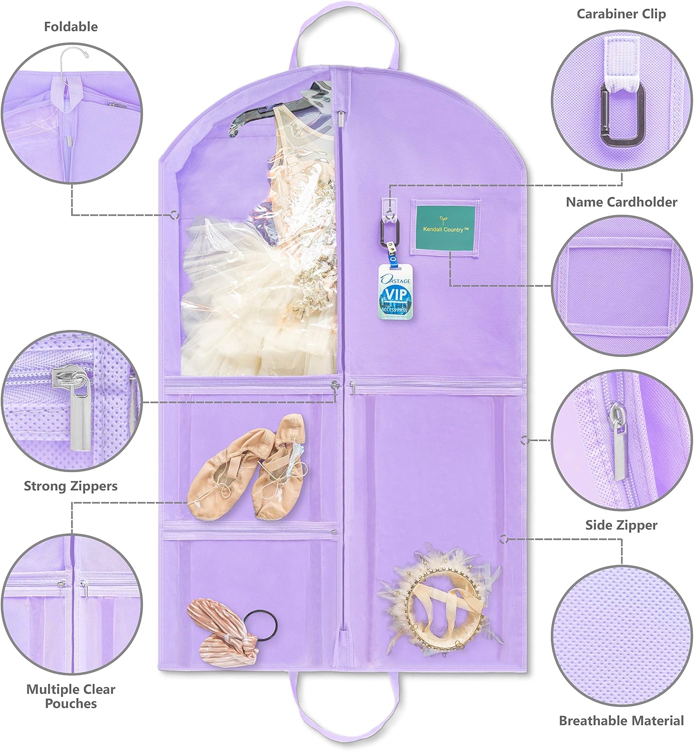 Waterproof Hanging Garment Bag 40 inch Clothes Bag with Gusset, 5 Pockets & Side Zip for Dance Costumes, Sports, Skating, Theatre, Beauty Pageants & More by Kendall Country, Lavender Purple