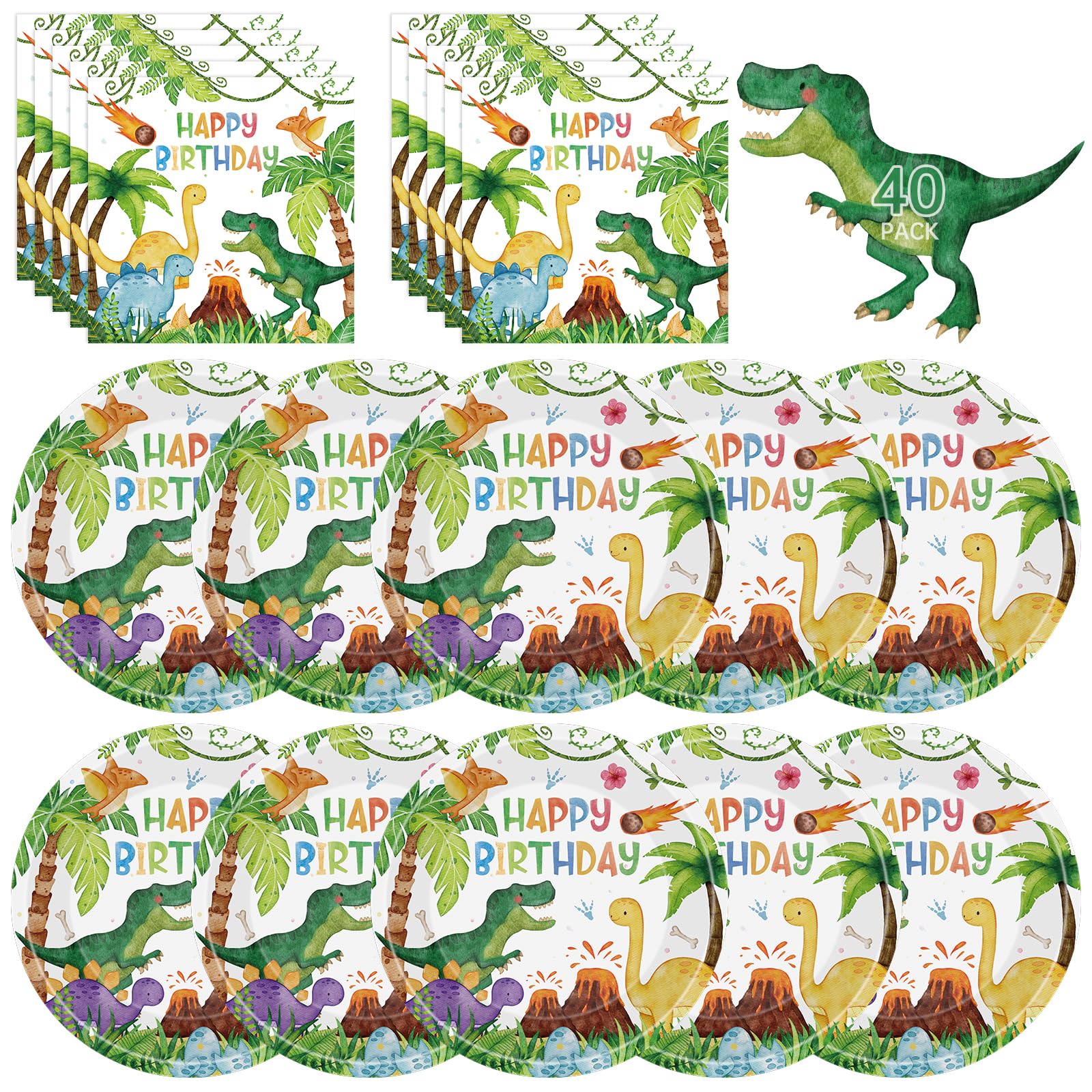 40 Pcs Dinosaur Plates and Napkins Sets - Happy Birthday Dino Party Supplies Tableware, Watercolor Disposable Paper Plates Napkins Kit for Dinosaur