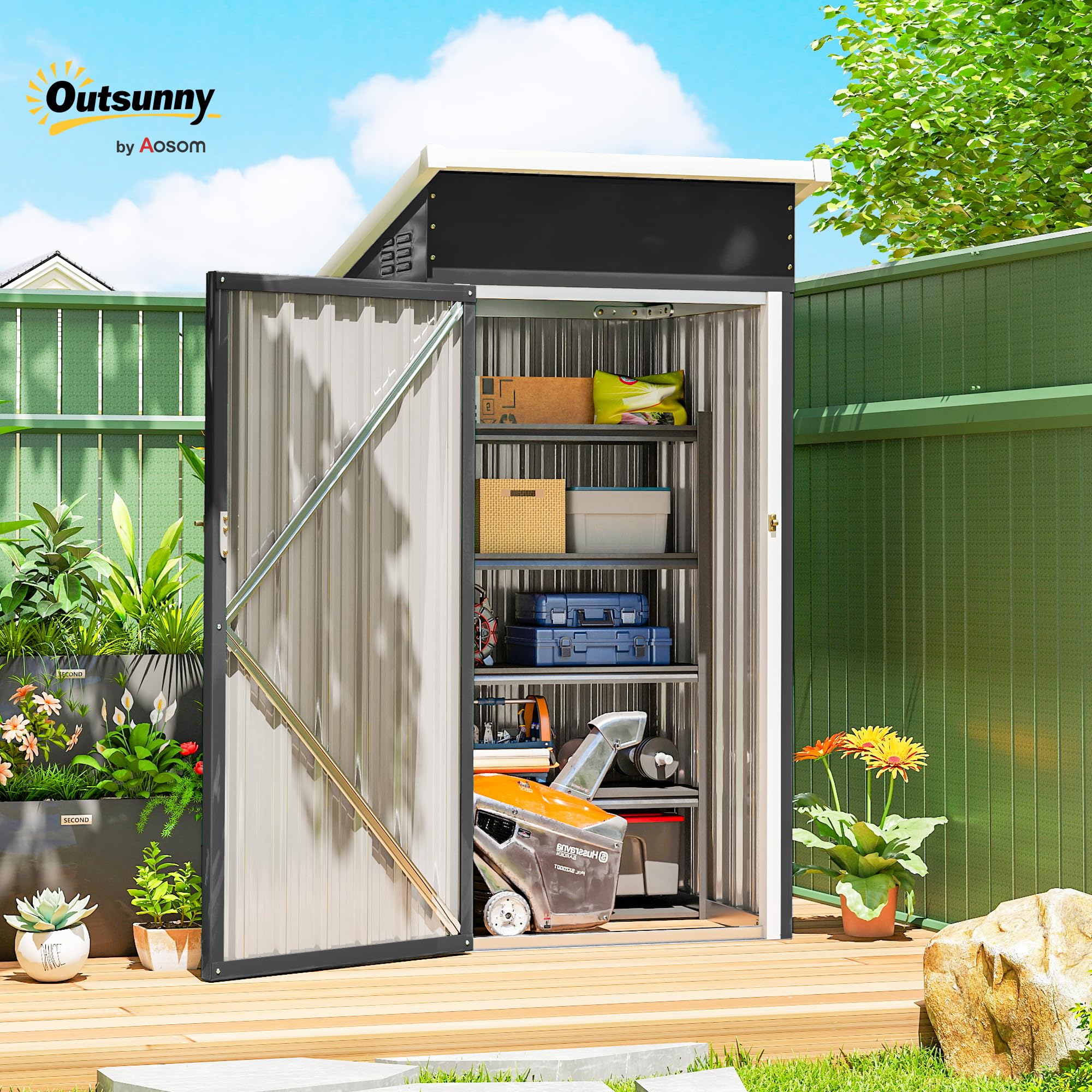 Outsunny Caseta de Jardín Exterior 0,74 m², 107,5x91x185 cm, Cobertizo de Jardín Exterior Metálico con Techo Inclinado, Puerta con Cerradura y Ventilaciones para Almacenamiento de Herramientas, Gris - 3