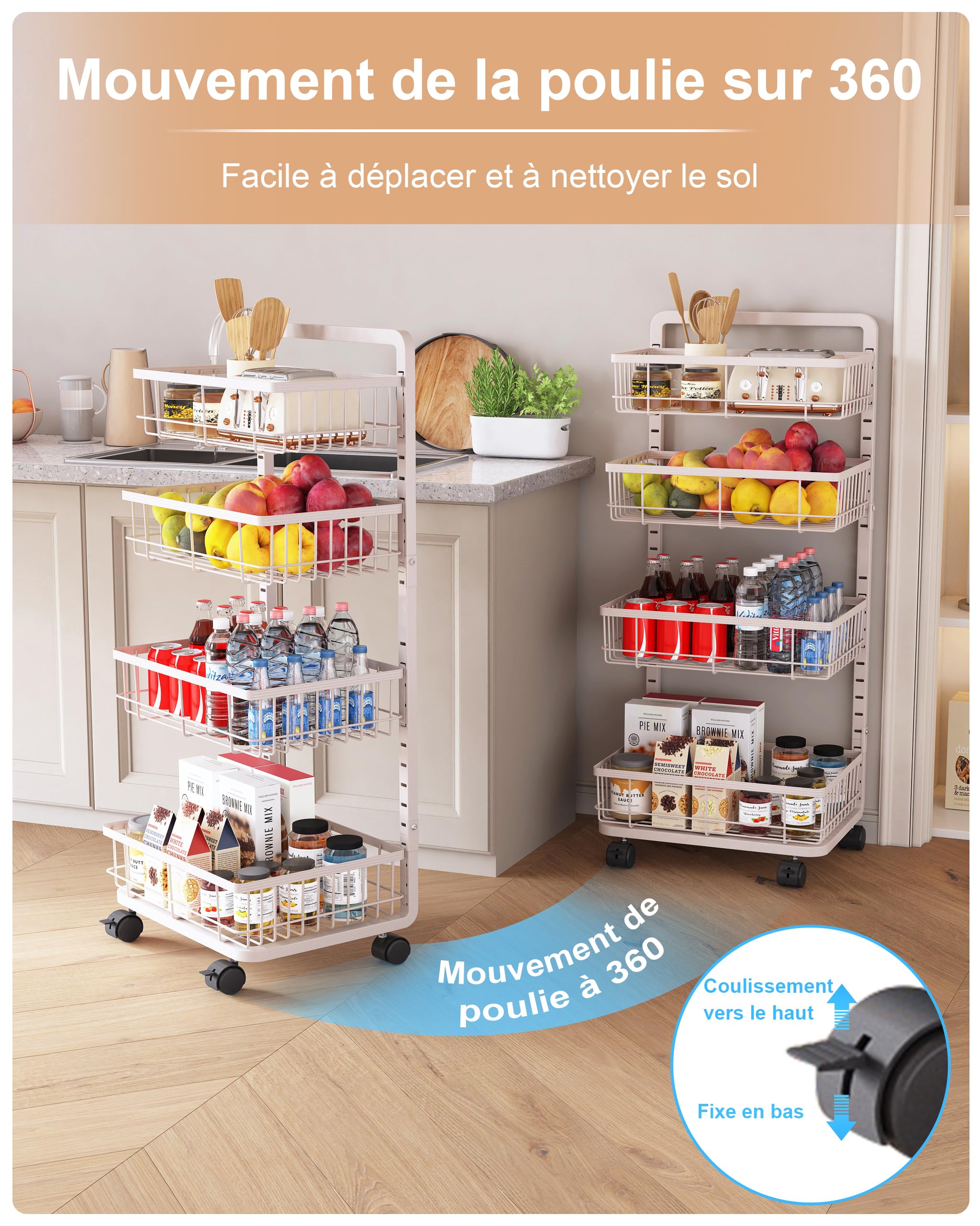 UMDONX Chariot de Cuisine Métallique 4 étages, Desserte de Service à roulettes, Panier de Fruits et Légumes pour Cuisine Chambre Salon Bain, Blanc 42 x 32 x 87 CM
