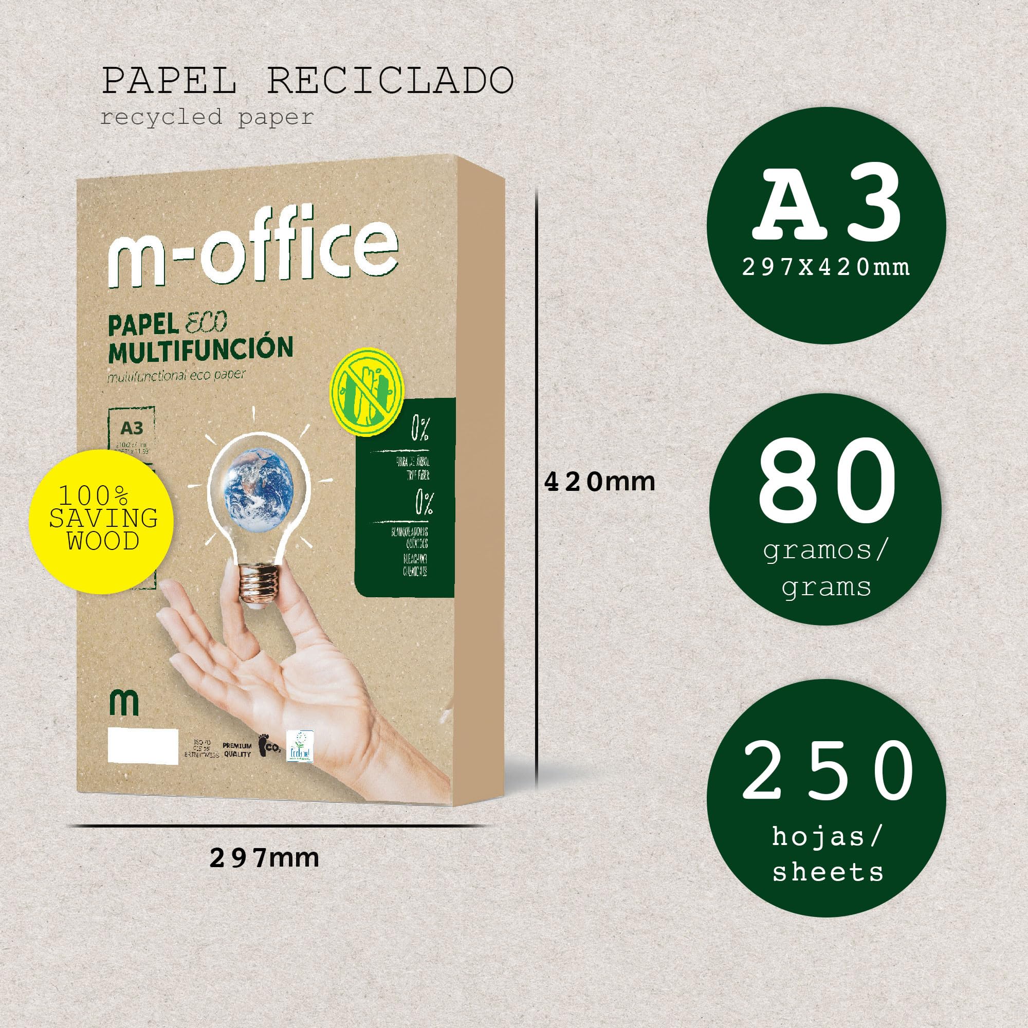 M-Office Papier Recyclé A3 80g - Ramette de 1500 Feuilles pour Photocopieur et Imprimante - 6 Lots de 250 Feuilles 100% Recyclé