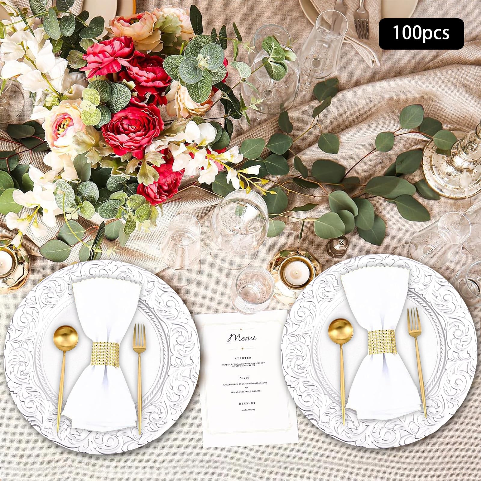 CNCEST 100 PCS Antique Charger Plates Bulk 13'' Plastic Embossed Dinner Plate Chargers Round Floral Plates for Wedding Decorative Chargers for Table Dinner Kitchen Party Decoration (Silver)