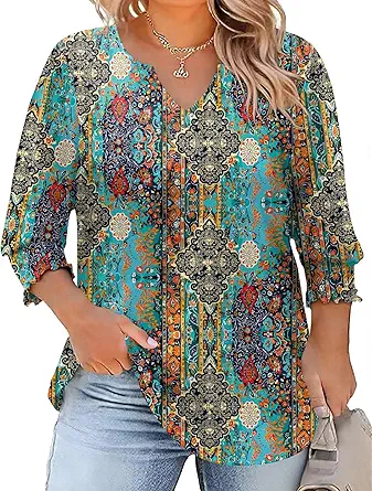 Rapbin Womens Plus Size Tops 3/4 Sleeve Blouses Shirts Casual V Neck Loose Tunic Tops 1X-5X