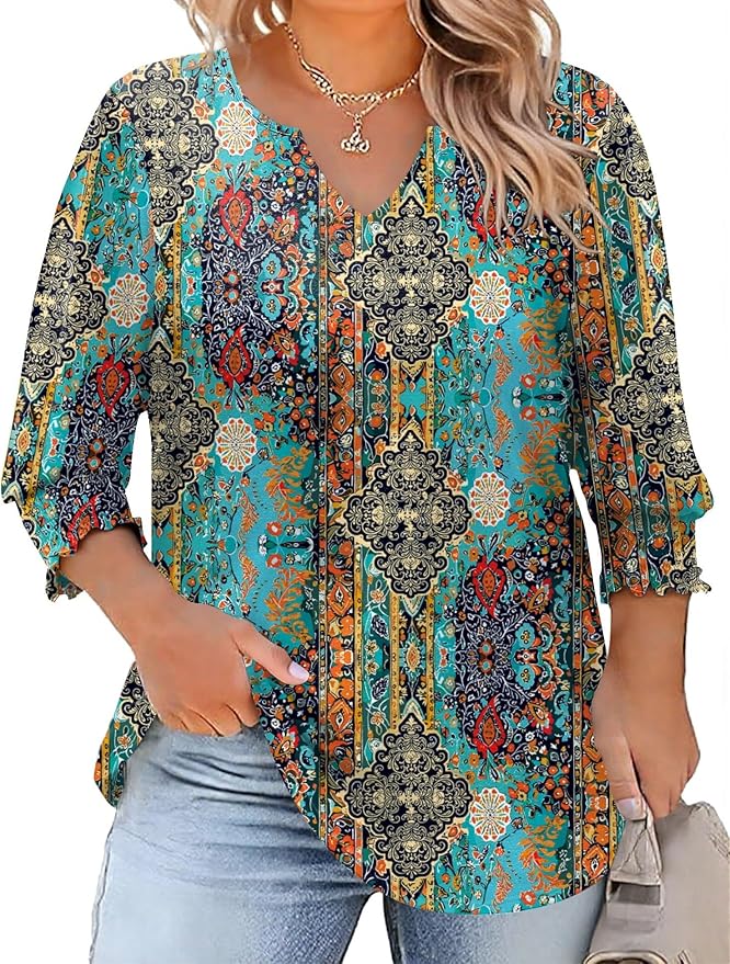 Rapbin Womens Plus Size Tops 3/4 Sleeve Blouses Shirts Casual V Neck Loose Tunic Tops 1X-5X