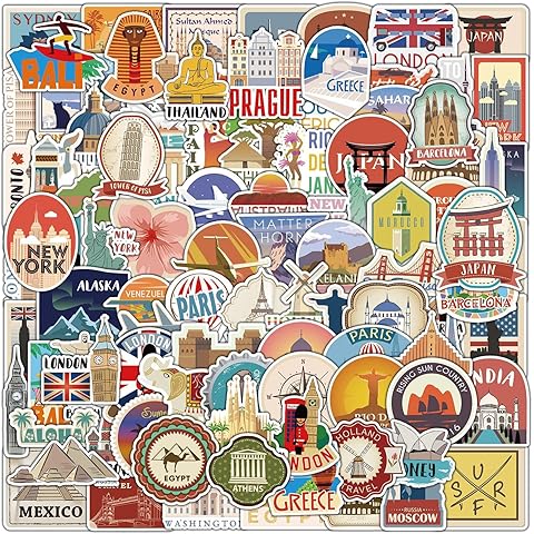 100 PCS World Travel Stickers, Travel Scrapbook Journal Decals for Water Bottles,La...