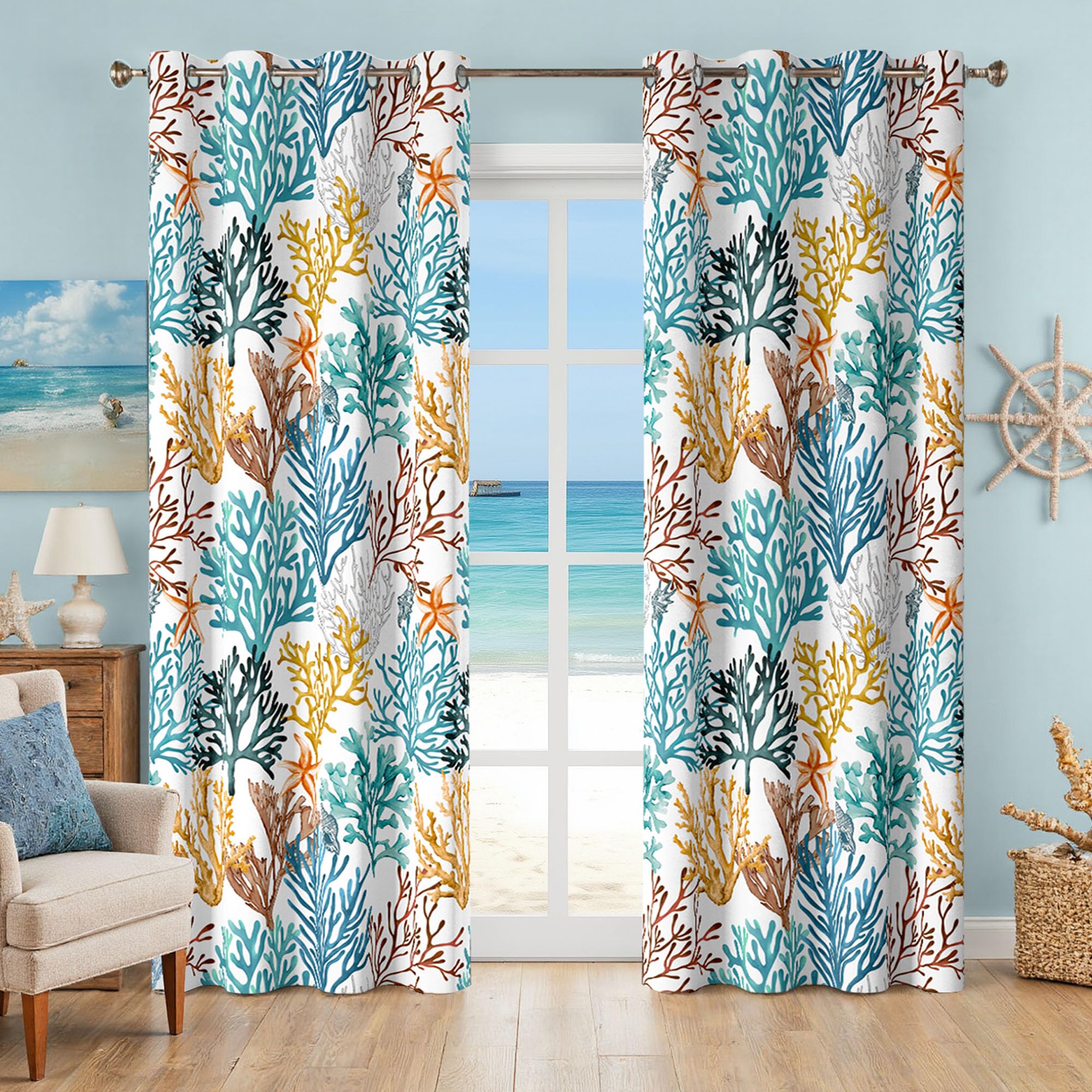 Nautical Coastal Curtains Grommet Drapes Decorative Beach Coral Themed Thermal Insulating 50% Light Blocking Privacy Window Darkening Curtain for Living Room, Bedroom 2 Panels Set, 52x63 Inches
