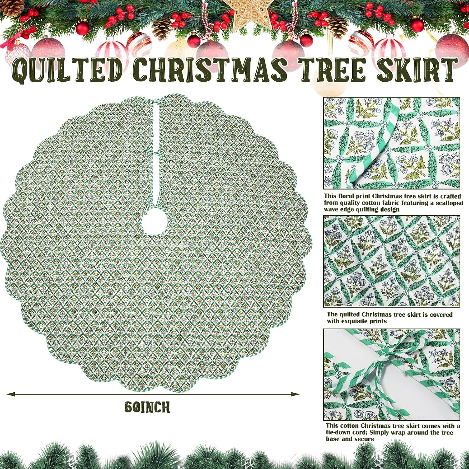 MiniInflat Quilted Christmas Tree Skirt - Vintage Floral Block Print Christmas Tree Skirt with Scalloped Edge Thicken Cotton for Home Decorations Holiday Party Gift(60 Inch,Checkered Floral,Green)