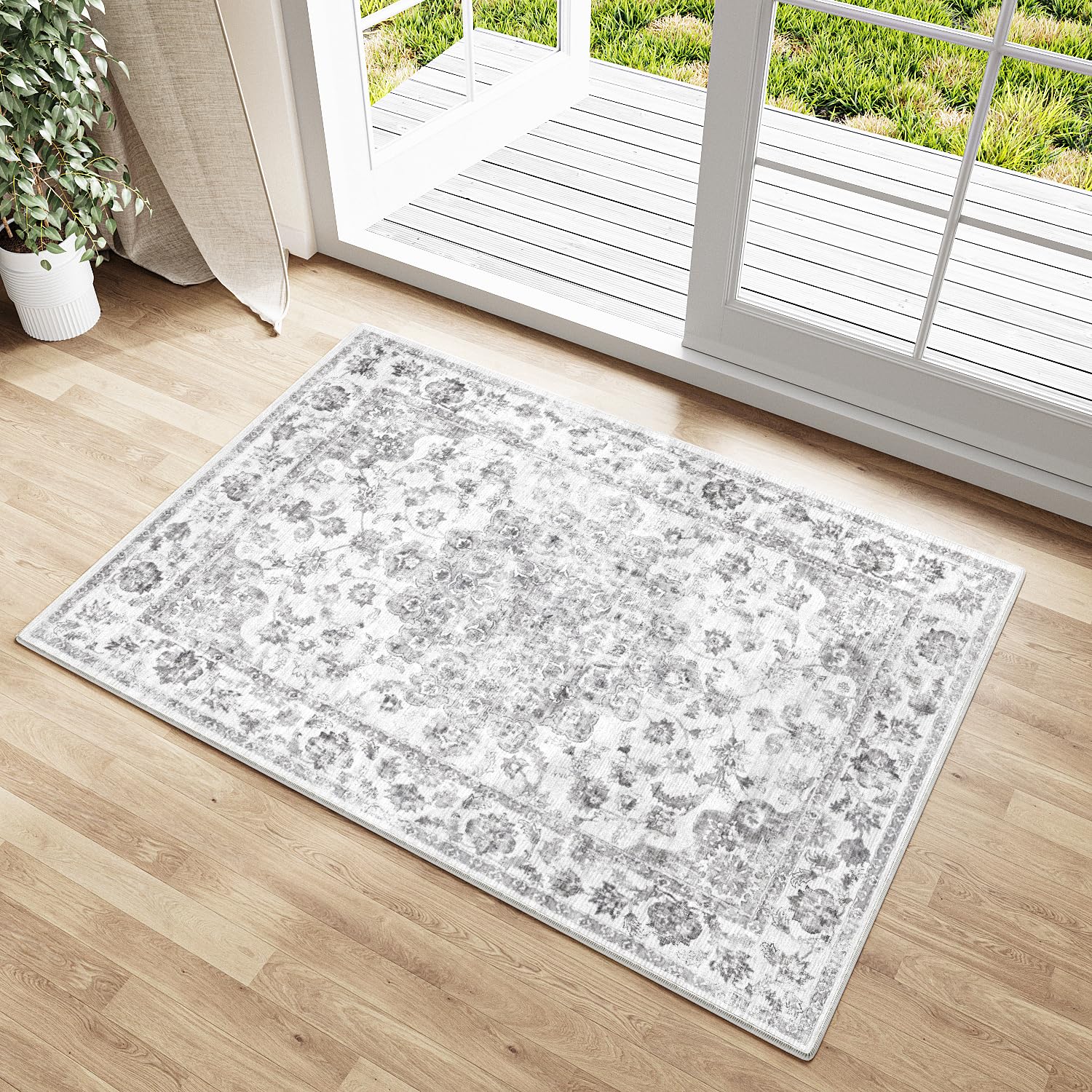 HUGEAR Vintage Grau Waschbarer Teppich im Eingangsbereich 60x90cm fußmatte badezimmerteppich Weich rutschfest Retro Kleiner Tepich Kurzflor Bad Schlafzimmer Carpet Bedroom