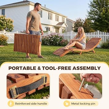Flamaker Lounge Chair Outdoor Acacia Wood with Side Handle (2 Pieces) | Foldable Pool Lounge Chairs, Outdoor Lounge Chairs for Poolside, Lawn, Backyard