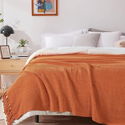 Miniatura 5 de BYTIDE Manta de tweed con borlas de flecos para sofá, decoración del hogar, cama, sofá, silla, 50 x 60 pulgadas, naranja óxido