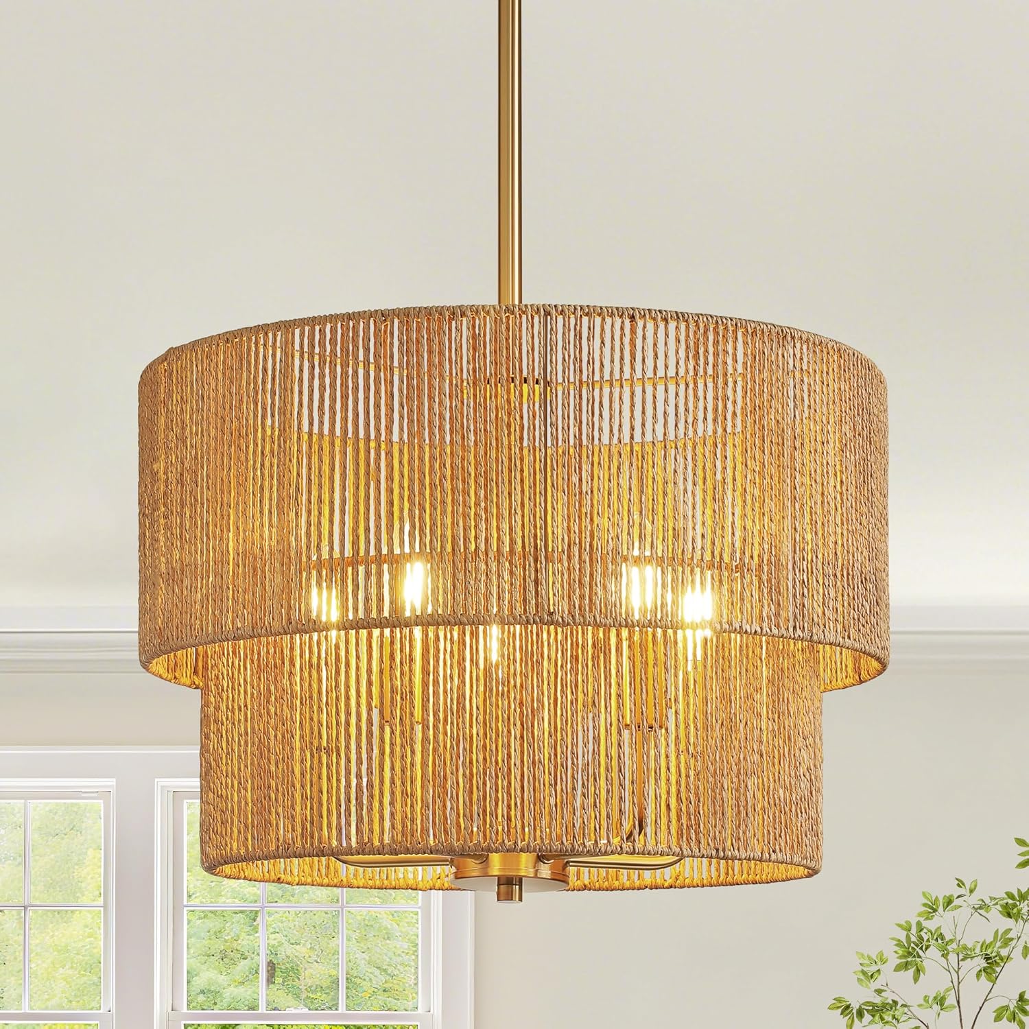 Rattan Chandelier Light Fixtures: 18 inch Boho Pendant Lights with Wicker Lampshade, E12 5 Light Height Adjustable Hand Woven Hanging Chandeliers for Dining Room Kitchen Farmhouse Living Room Gold Rattan - 18"