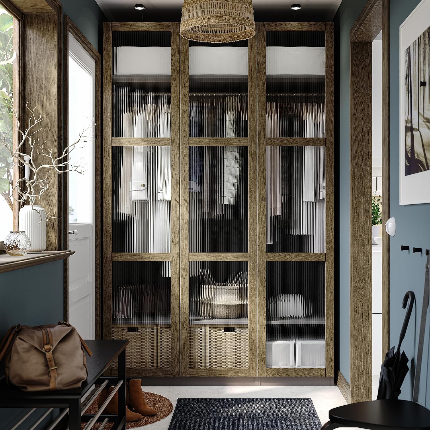 ProTuning PAX/TONSTAD Wardrobe combination, dark grey brown/stained oak veneer glass, 150x60x236 cm