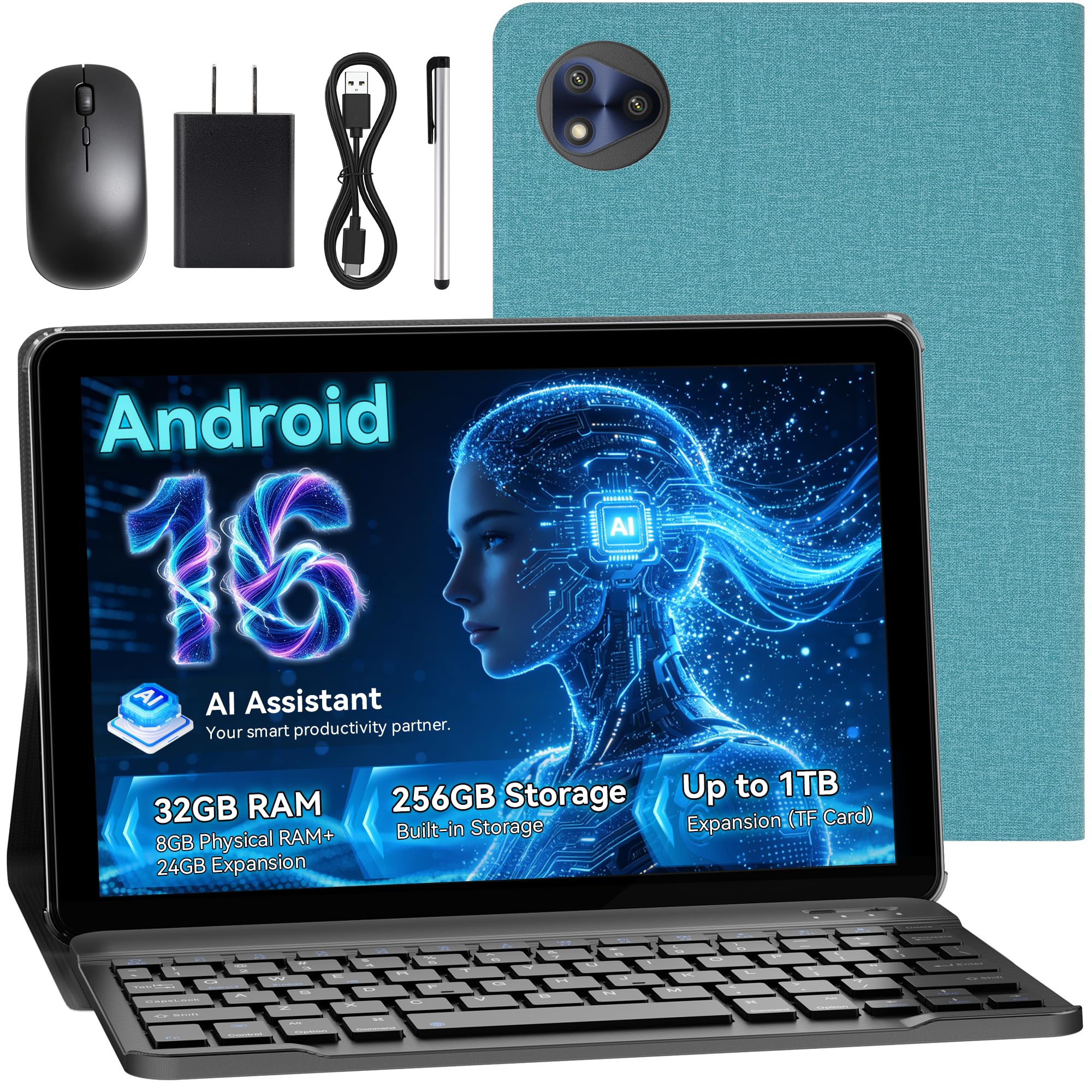 2026 Android 16 Tablet with Keyboard, 10.1 Inch AI Tablet, 32GB RAM, 256GB