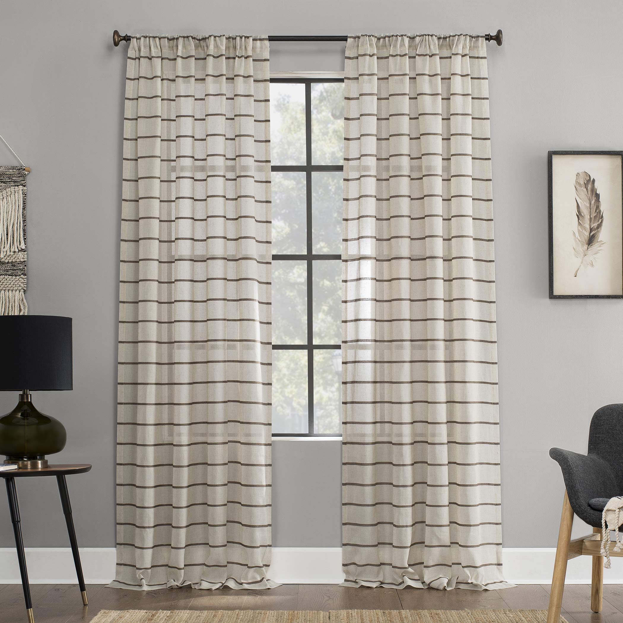 Clean Window Twill Stripe Allergy/Pet Friendly Anti-Dust Sheer Curtain Panel, 52" x 84", Mocha/Linen