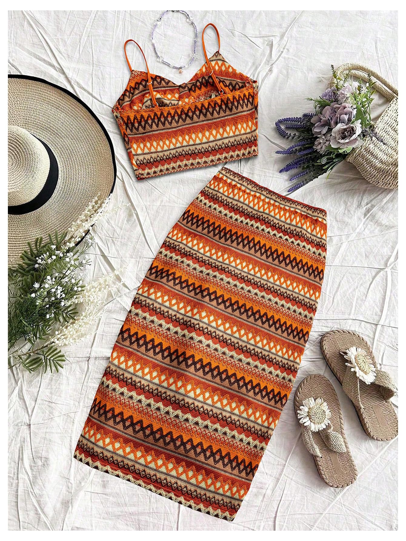 Floerns Women's Plus Size 2 Piece Outfit Cheetah Crop Cami Top Slit Midi Skirts Set