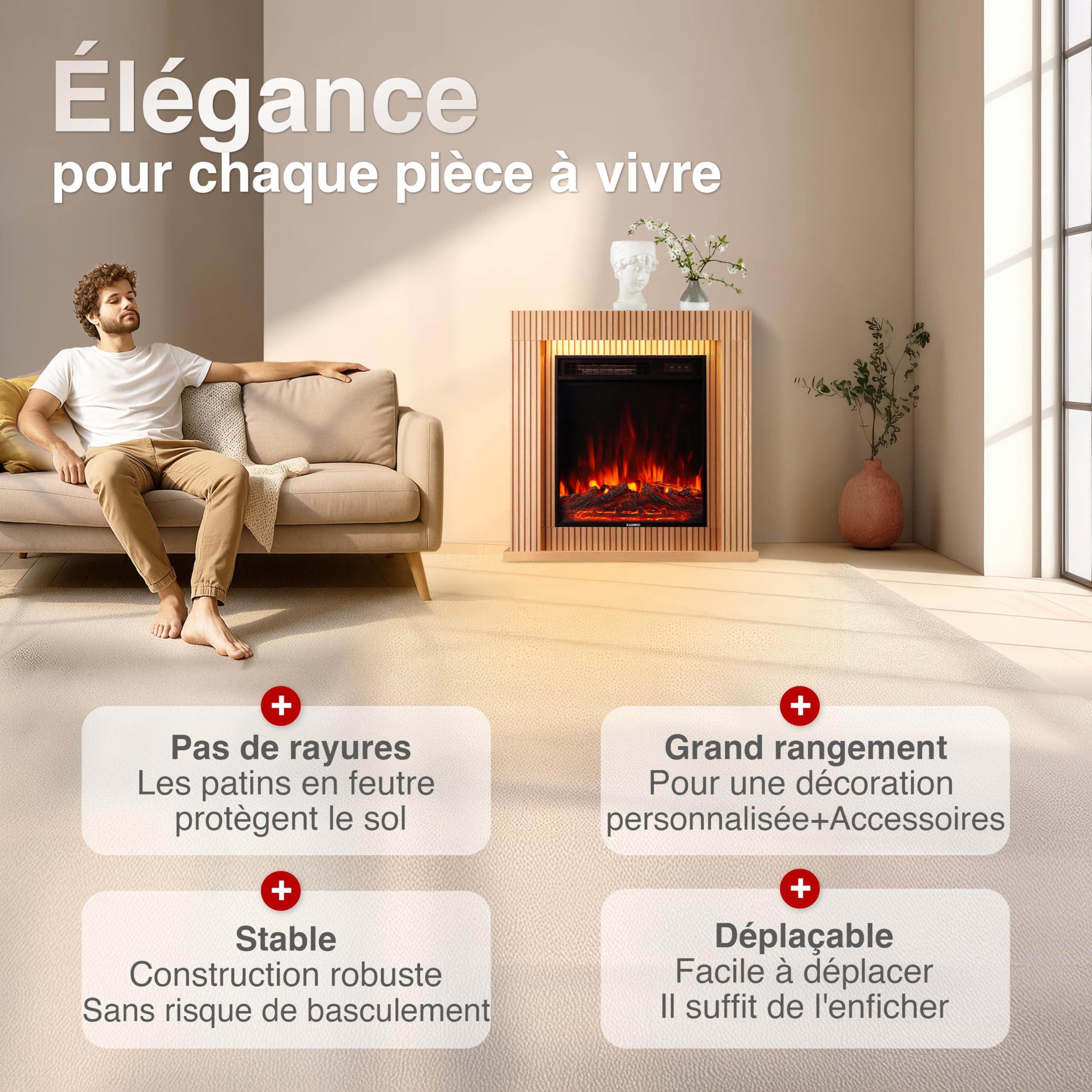 KAMINIO Cheminée électrique Matti - Cheminée sur Pied avec Chauffage, Effet de Flamme 3D, lumière d'ambiance LED, télécommande - 32 Pouces (Panneau)