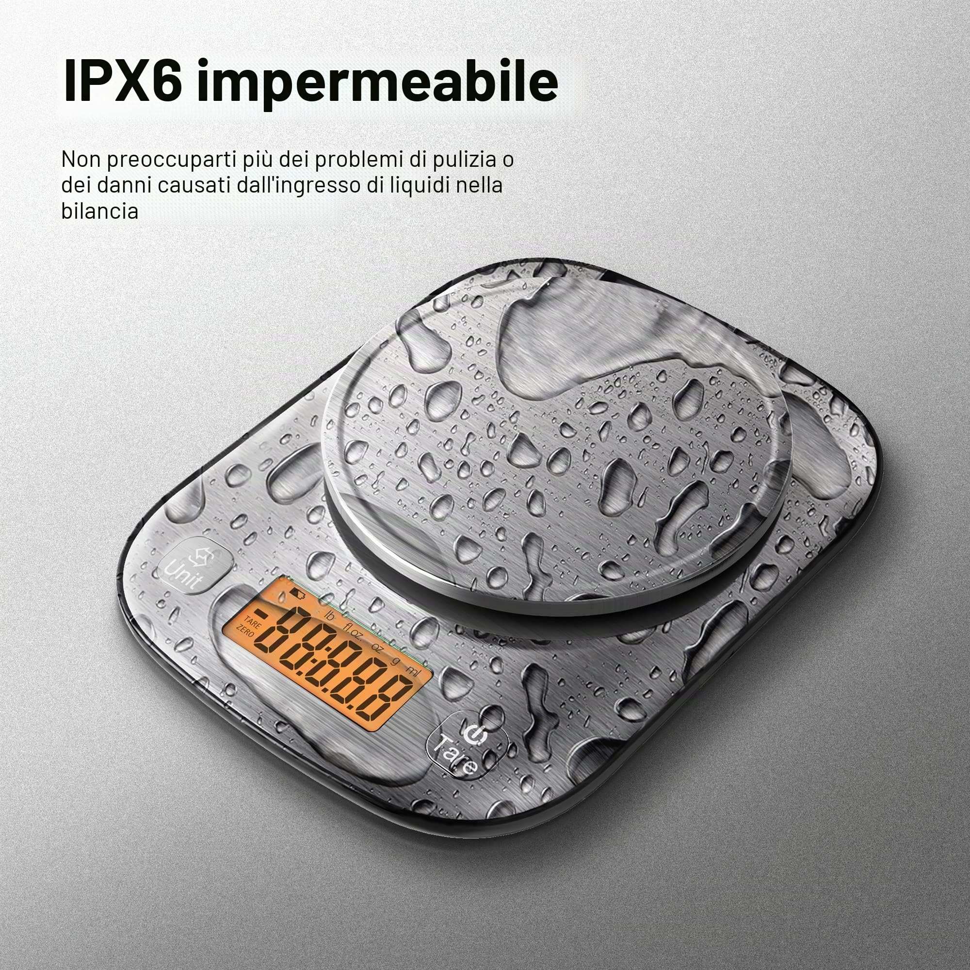 GRAM PRES Bilancia digitale da cucina con grado di impermeabilità IPX6, professionale, in acciaio inox, con ciotola per la perdita di peso, per la dieta e la cottura
