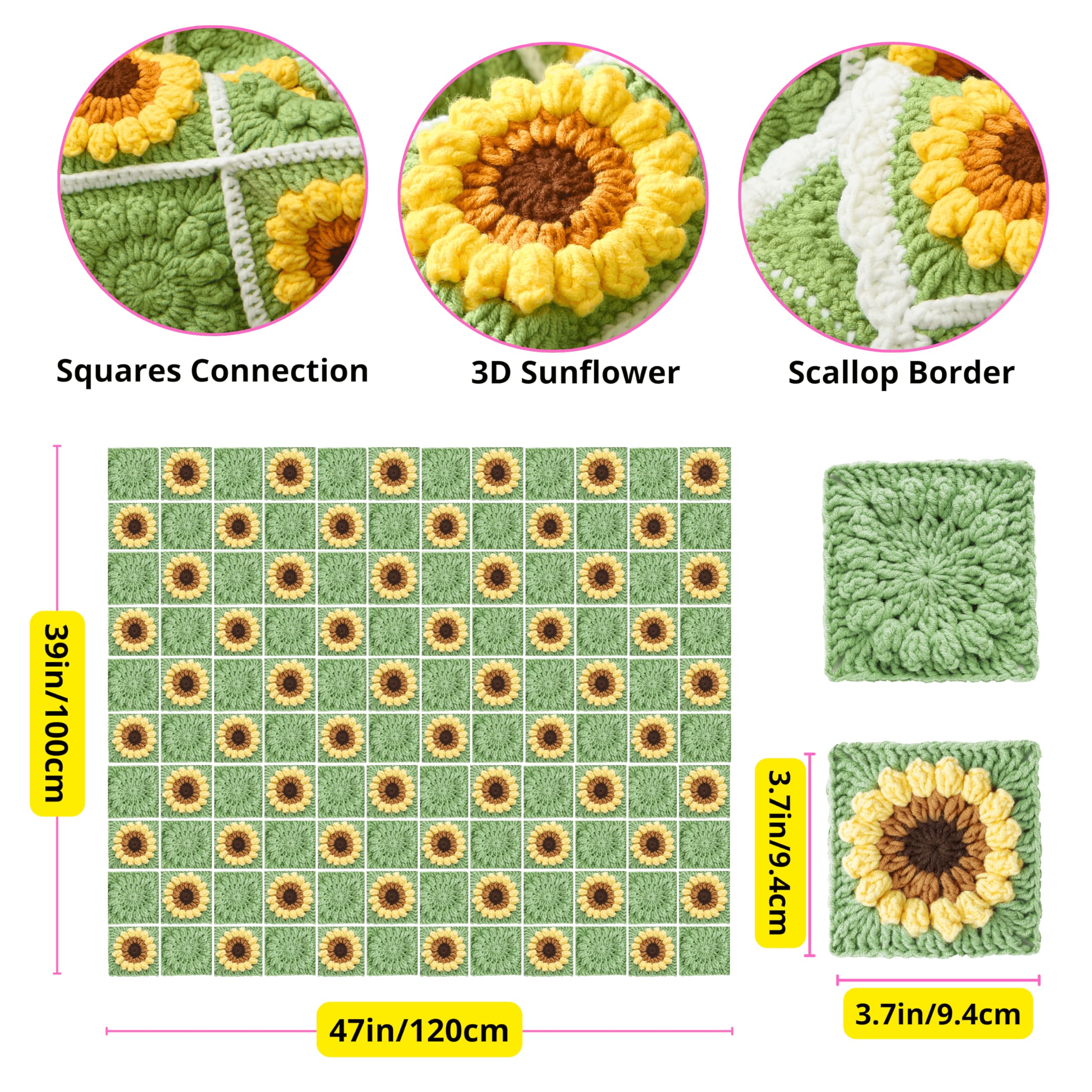 CSWCS Häkeldecken-Set für Anfänger, Sonnenblumen-Oma, quadratisches Häkeldecken-Set für Erwachsene, einfaches Stricken mit Garnzubehör, Buch und Video-Tutorials für Anfänger (119,4 x 99,1 cm)