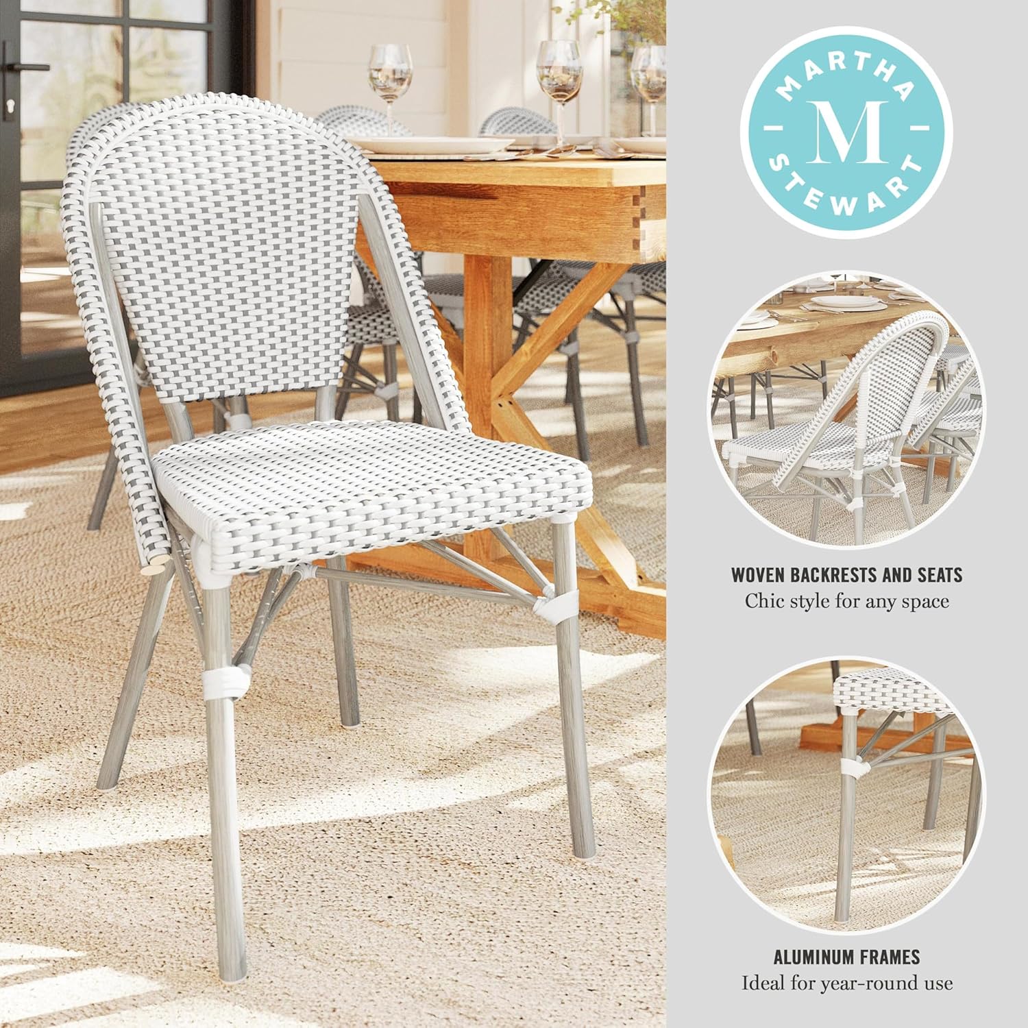 Martha Stewart Lily Pond Indoor-Outdoor Stackable Aluminum Bistro Chair with Natural Woodgrain Frame Finish and White/Navy Woven Rattan Backrest and Seat