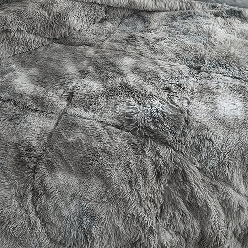 Miniatura 6 de Wajade Juego de edredón de felpa de pelo sintético teñido anudado gris y blanco, juego de cama mullido y mullido - Juego de edredón de microfibra