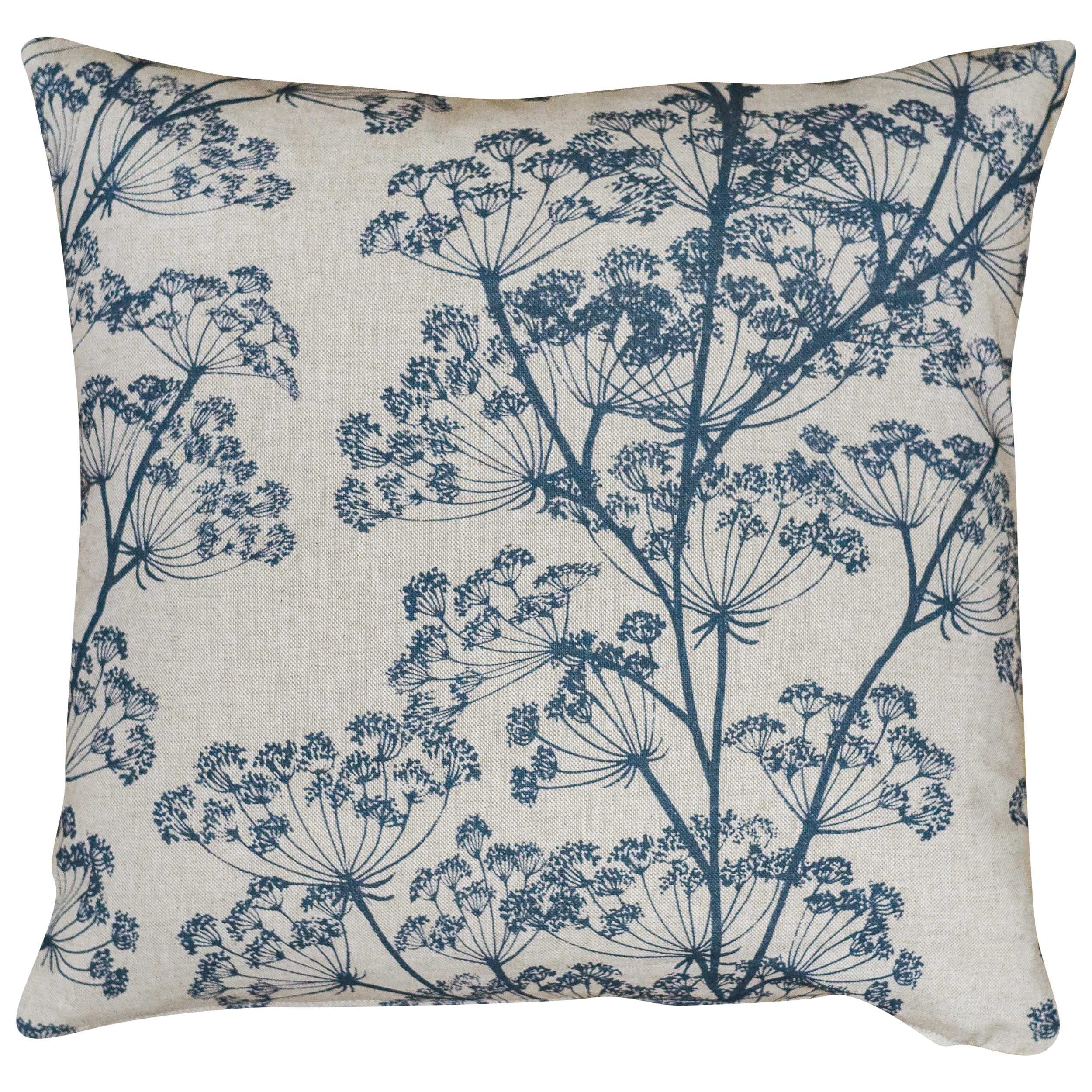 Linen Loft Denim Blue Cow Parsley Cushion Cover In And Natural Beige. Cottagecore Botanical Leaves & Flowers Design. 17X17 Cushion Cover Only