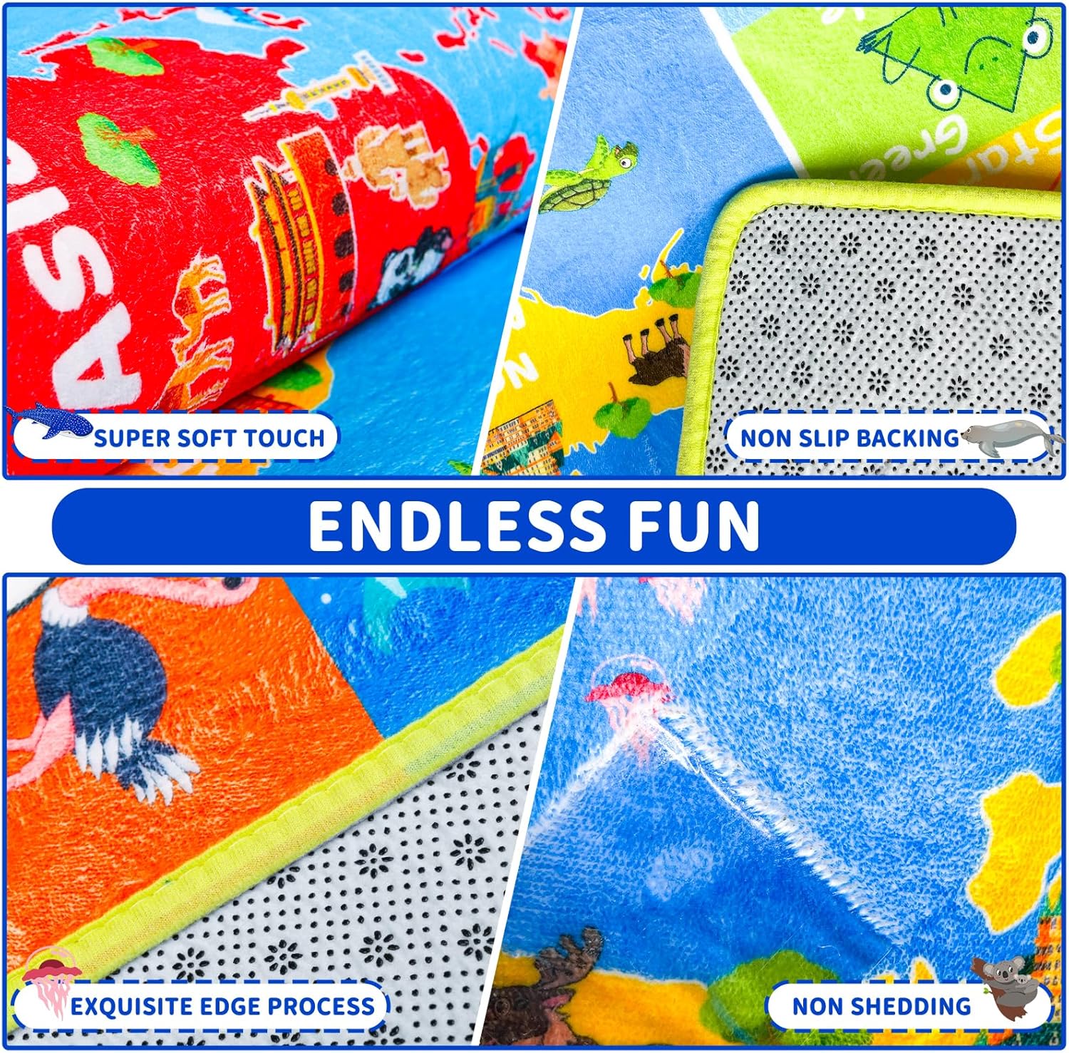 ABC Kids Rug Animals World Map 78.7'x110' Educational Baby Playmat Fluffy Non-Slip Preschool Rug Nursery Room Elementary Learning