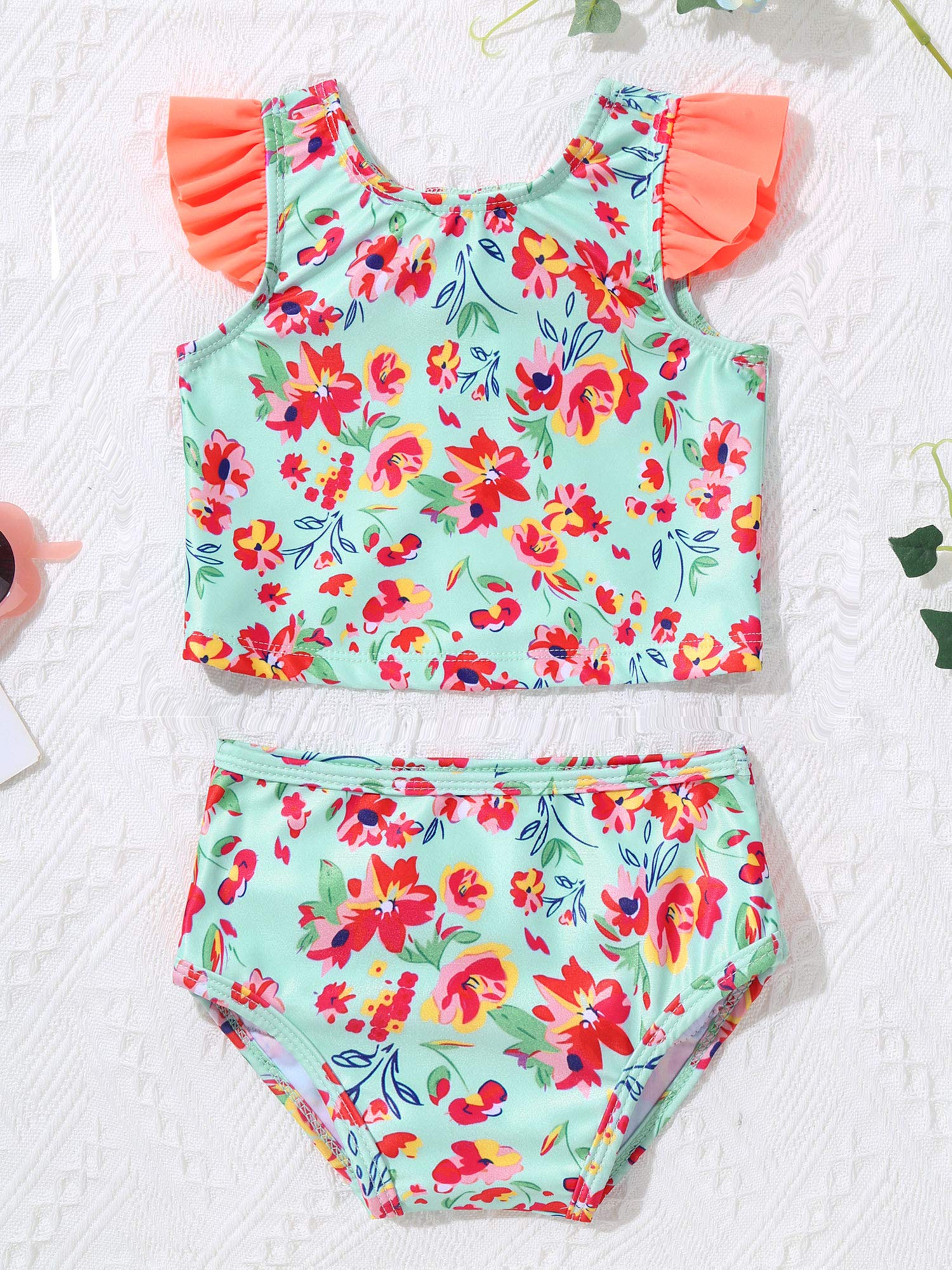 Yeahdor Infant Baby Girls 2 Pcs Beach Tankini Set Flower Printed V Back Top with Brief Bathing Suit Orange 3-6 Months