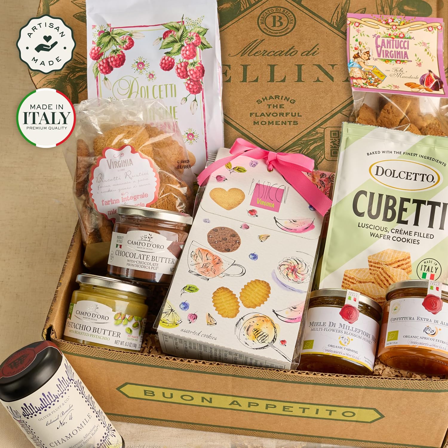Mercato di Bellina Sweet Celebration Italian Cookies Gourmet Gift Basket - Filled with Tea, Honey, Spreads, Jams, & Italian Cookies from Italy, Ideal Gift Box for Get Well, Holidays, Mother's Day