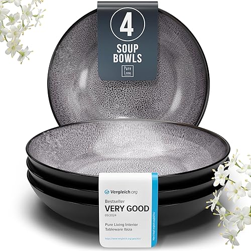 Juego de 4 cuencos de cerámica para pasta, elegantes platos de cerámica gris oscuro, juego de ensaladas de 7.7 pulgadas, platos de cerámica aptos