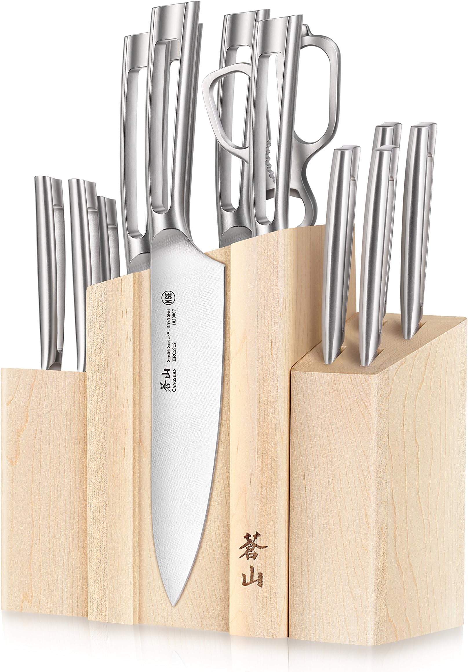 - TN1 Series 1021967 Swedish 14C28N Steel Forged 14-Piece DENALI Magnetic Knife Block Set, Maple