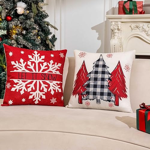 Miniatura 4 de Juego de 4 fundas de almohada rojas de 18 x 18 pulgadas, con copos de nieve para sofá, invierno, vacaciones, interiores y exteriores, hogar,