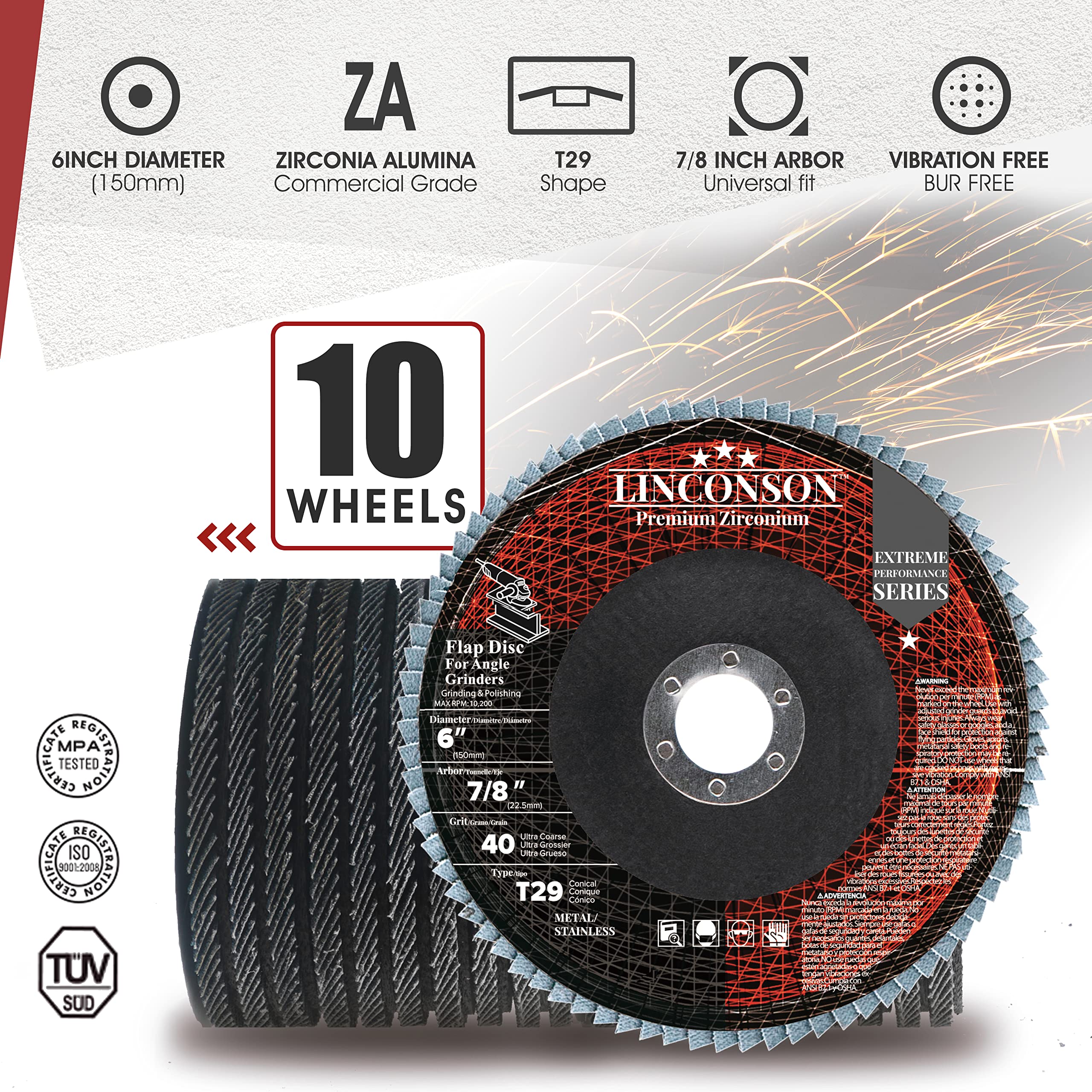 LINCONSON Paquete de 10 muelas abrasivas de circonita de grano 120 de 6 pulgadas y disco de lijado de solapa para metal y acero inoxidable 7/8 pulgadas eje T29 cónico (SF 60120ZA9), serie de