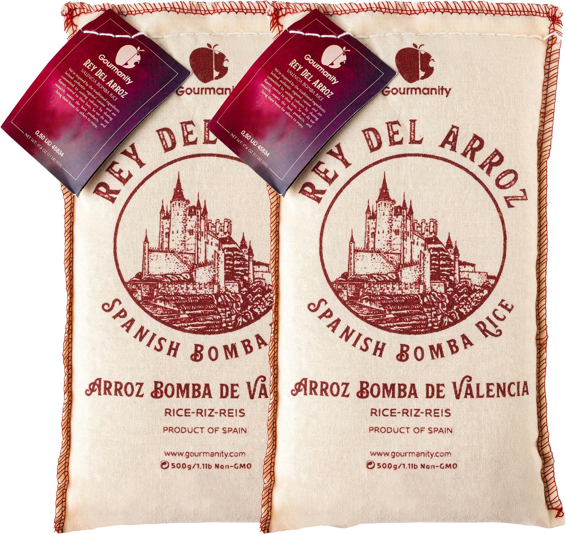 Gourmanity 1.1lb/500g (Pack of 2) Spanish Bomba Rice for Paella, Rey del Arroz Authentic Spanish Bomba Rice from Spain [1.1 Pound, Pack of 2]